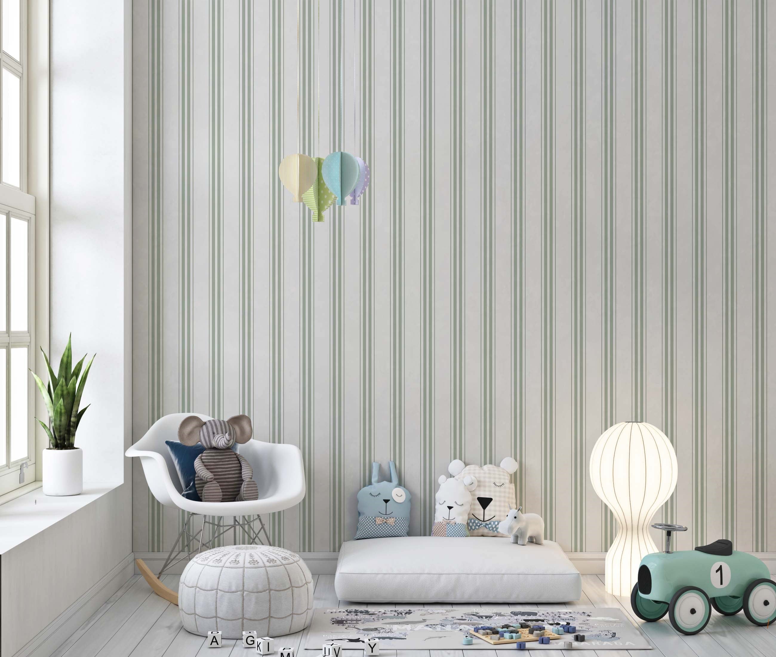 Yeşil İnce ve Kalın Şeritler Bebek & Çocuk Odası Duvar Kağıdı