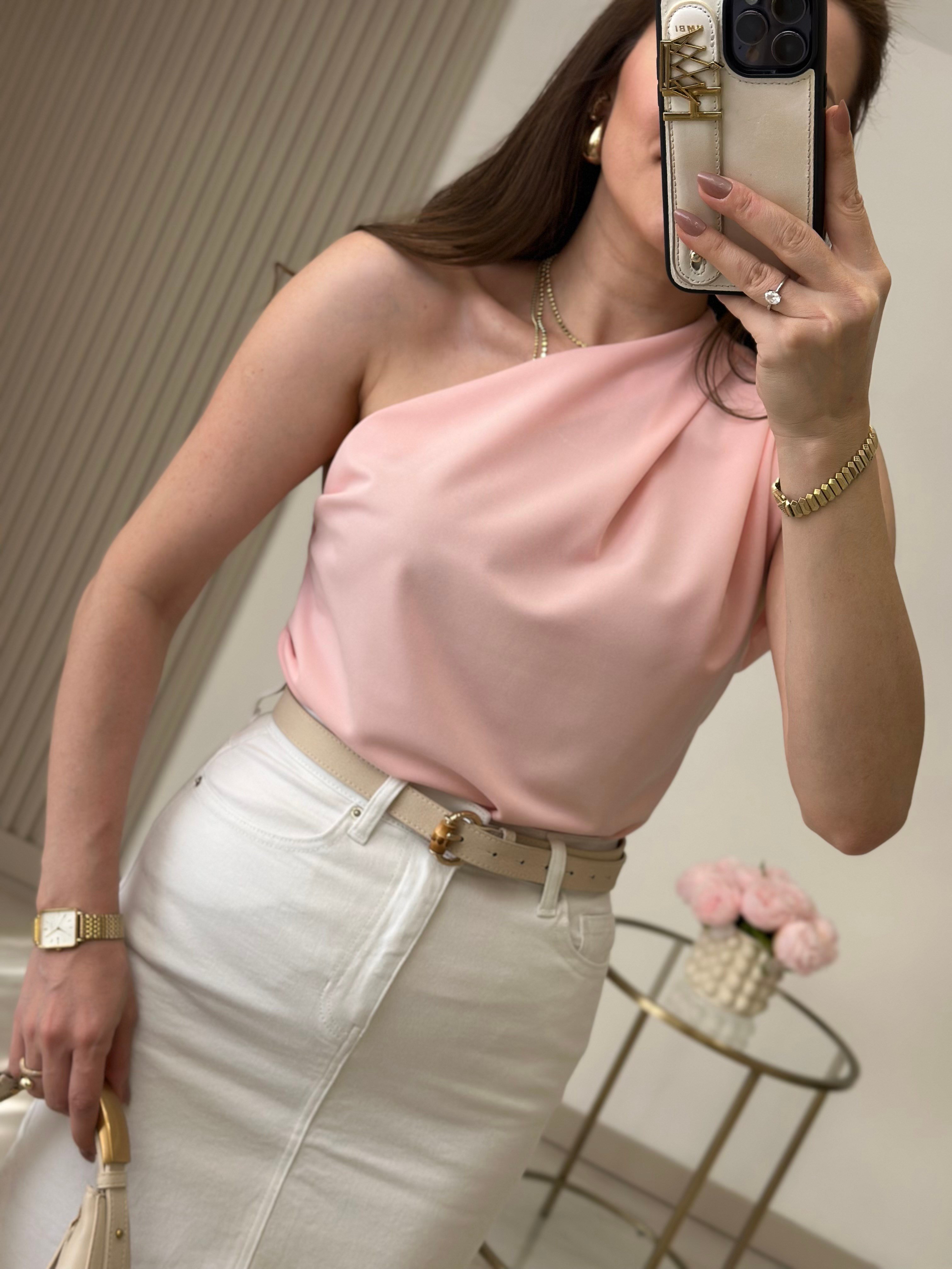  Tek Omuz Drapeli Bluz Pembe