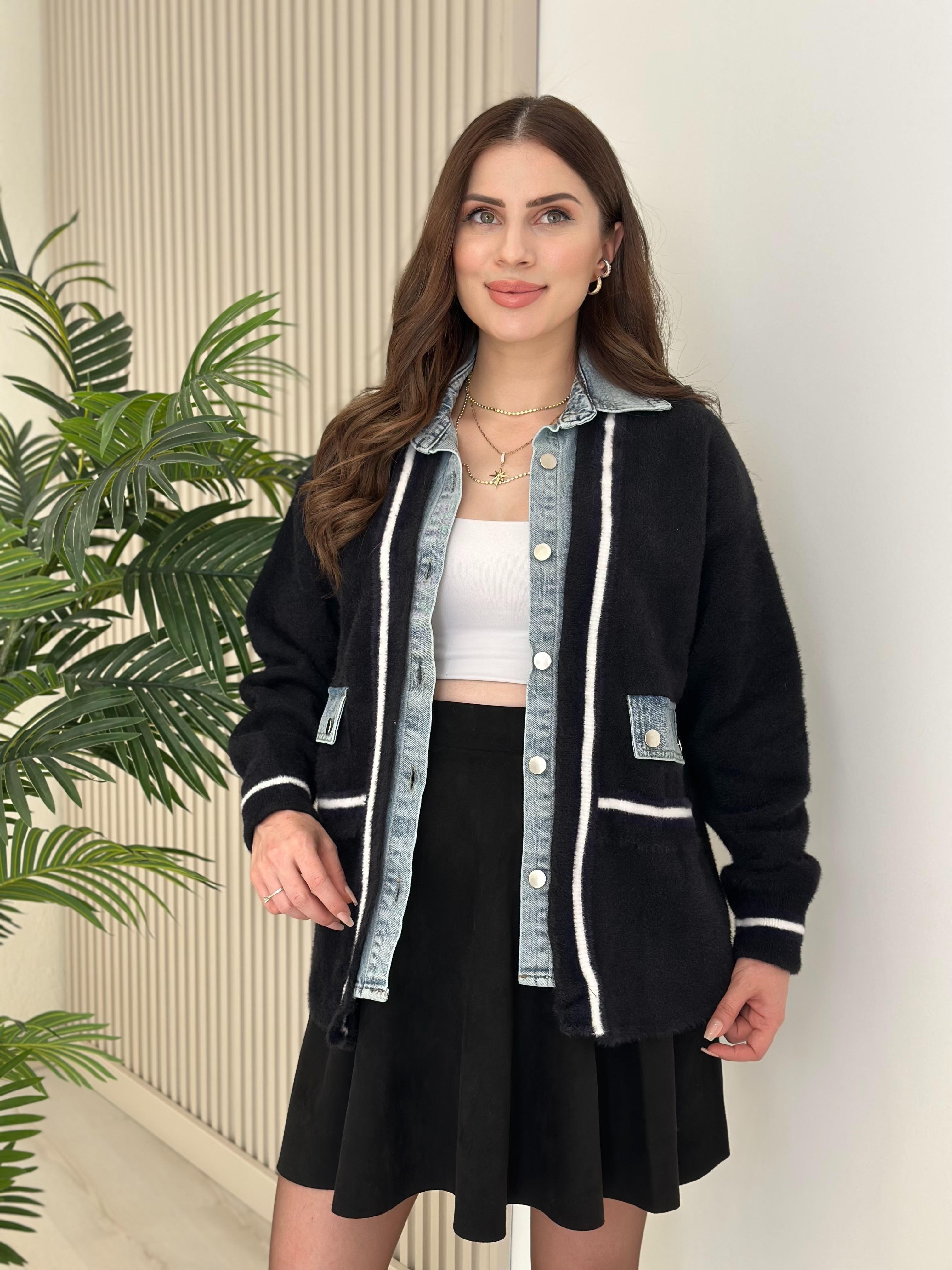 Angora Denim Miksli Tasarım Hırka Siyah