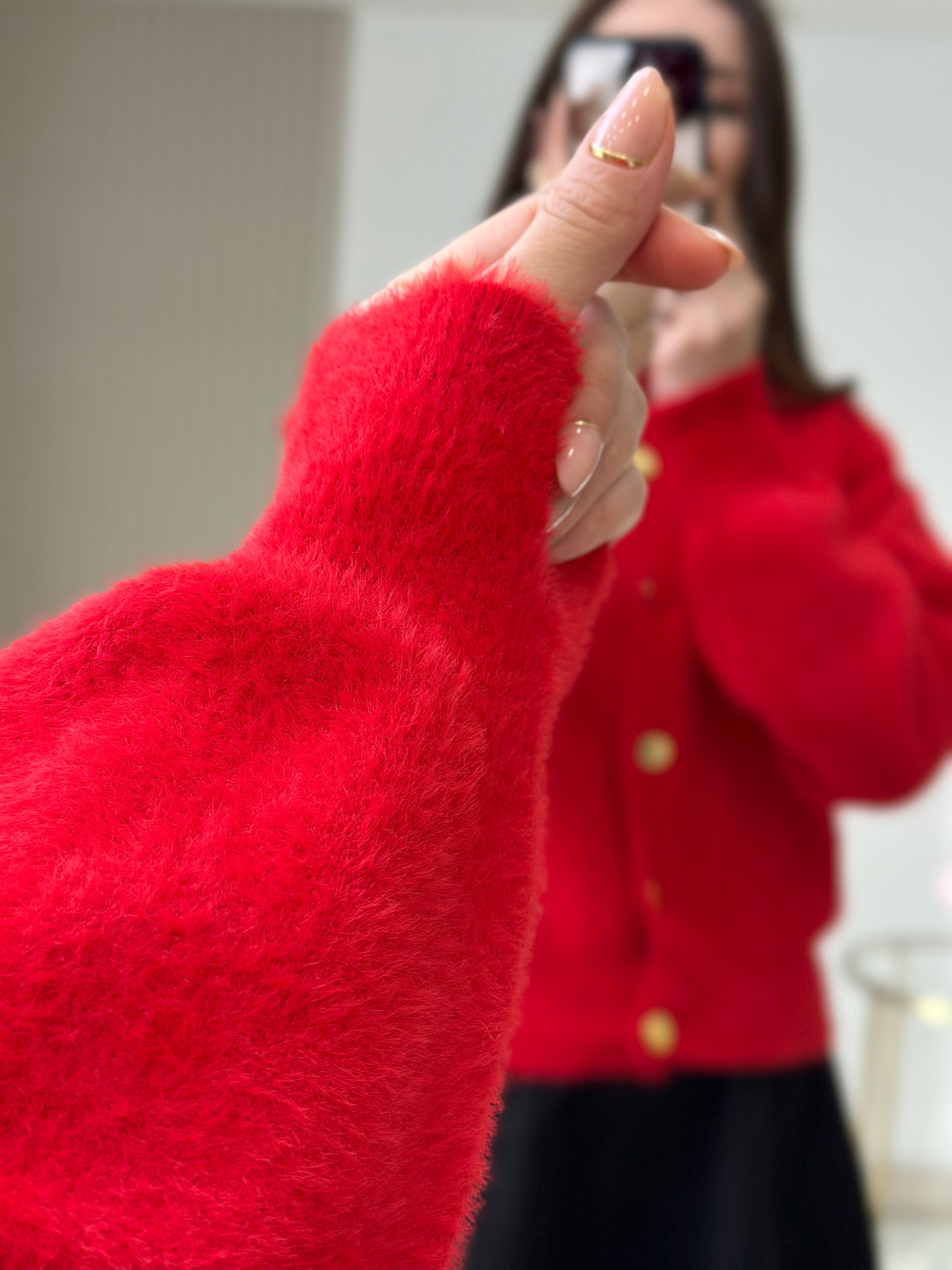 Angora İplik Gold Düğmeli Hırka Kırmızı