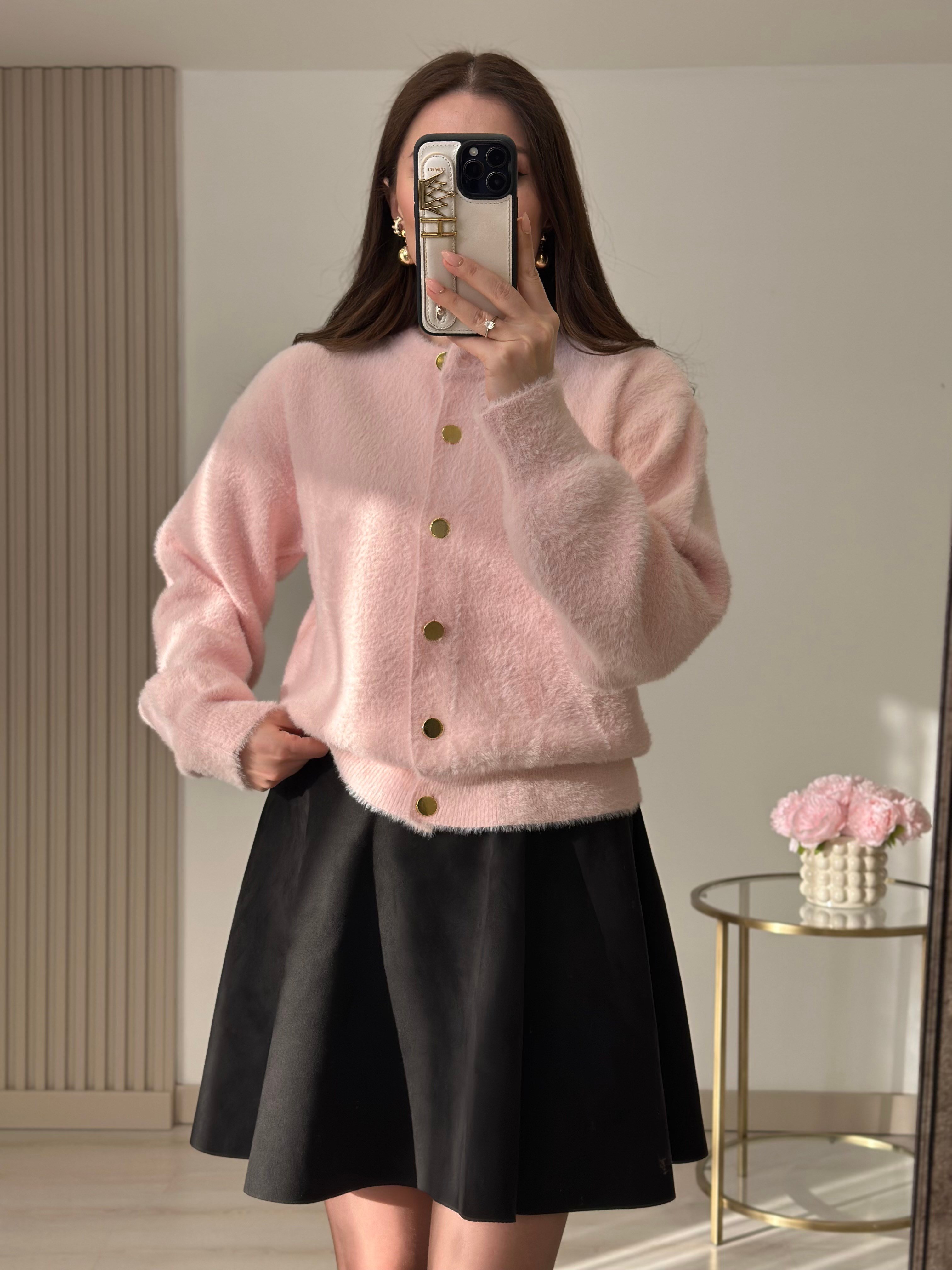 Angora İplik Gold Düğmeli Hırka Pembe
