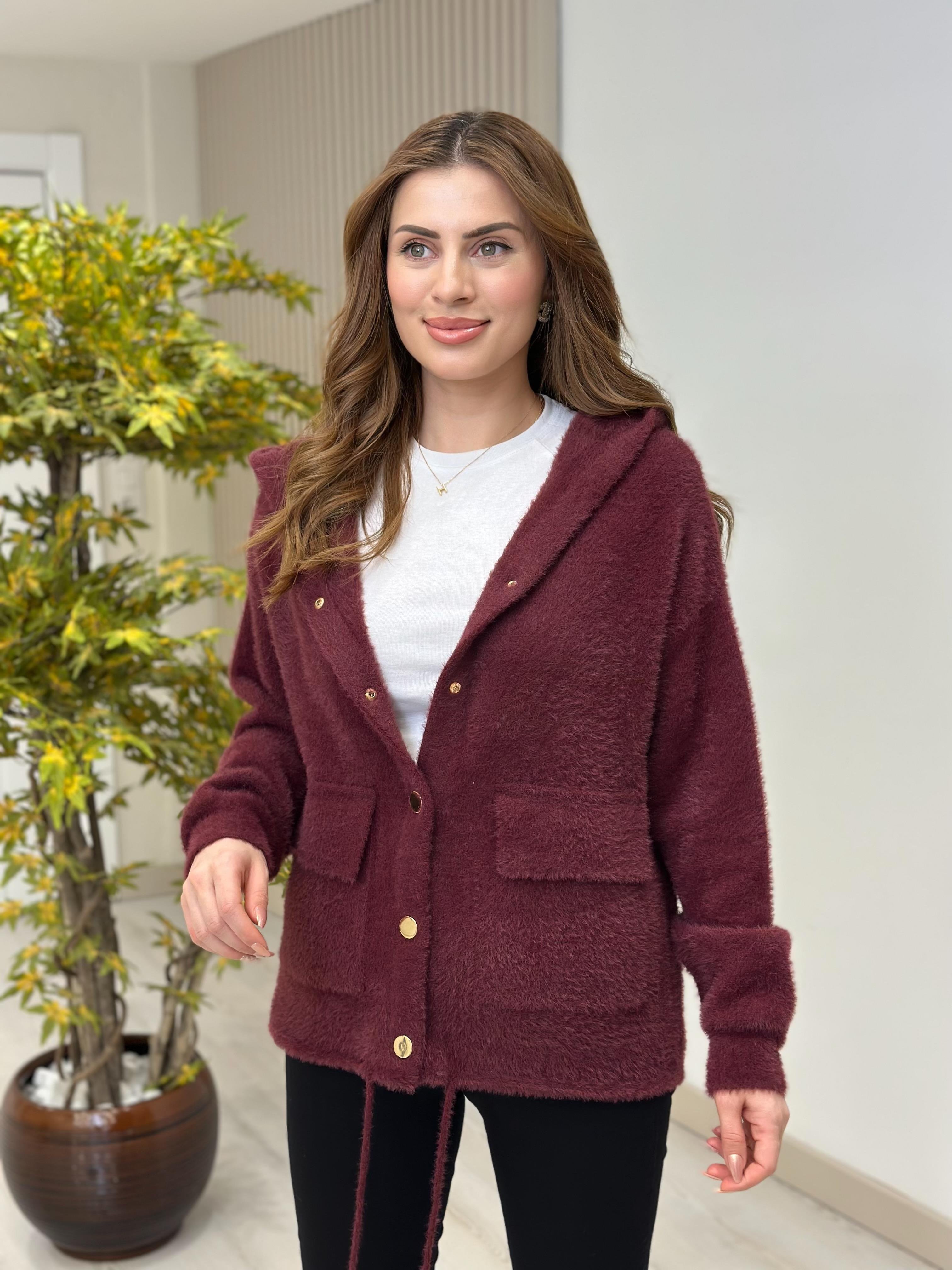 Angora Kapşonlu Bordo Gold Detaylı Hırka
