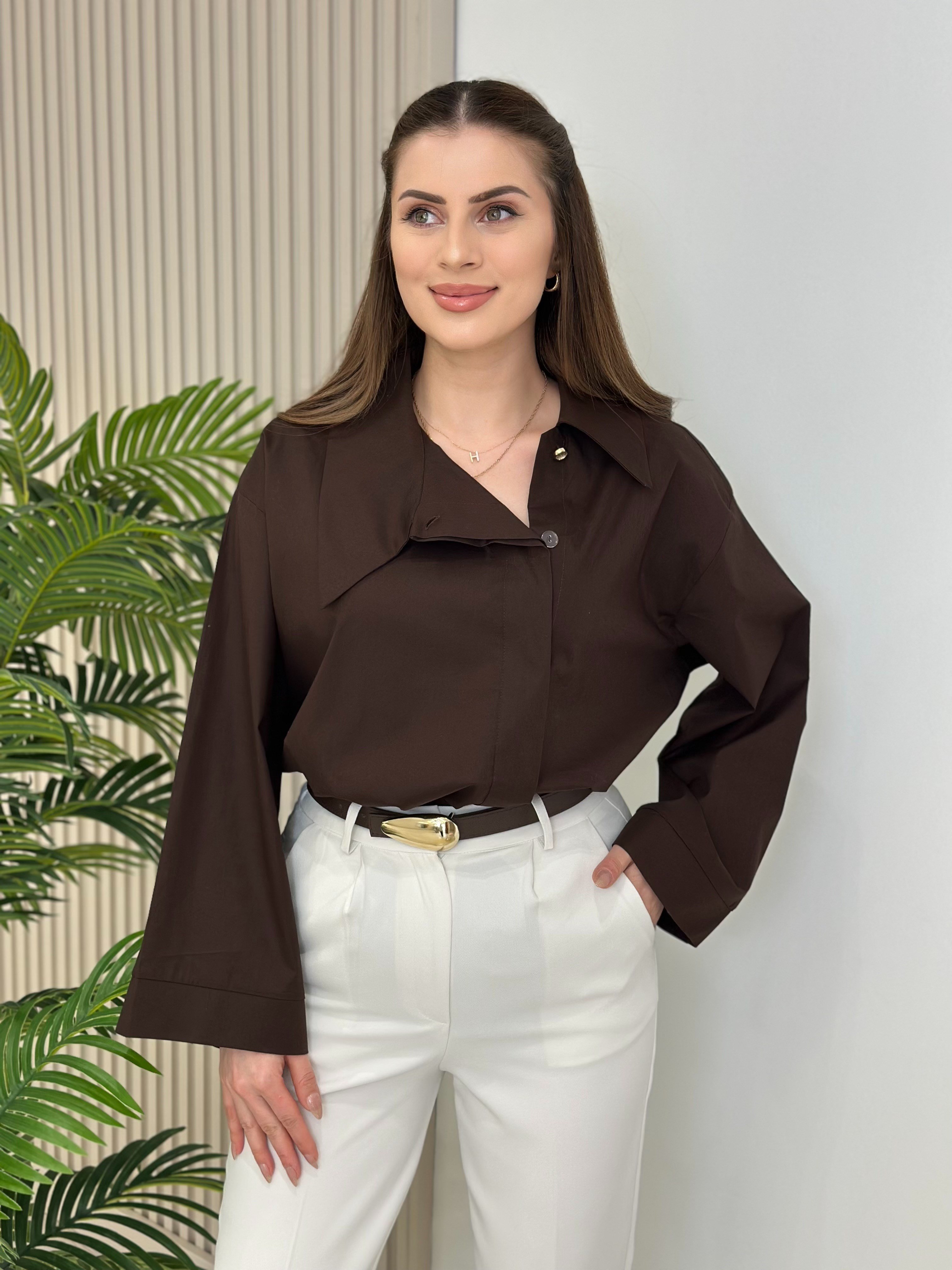Asimetrik Yaka Oversıze Poplin Gömlek Kahve