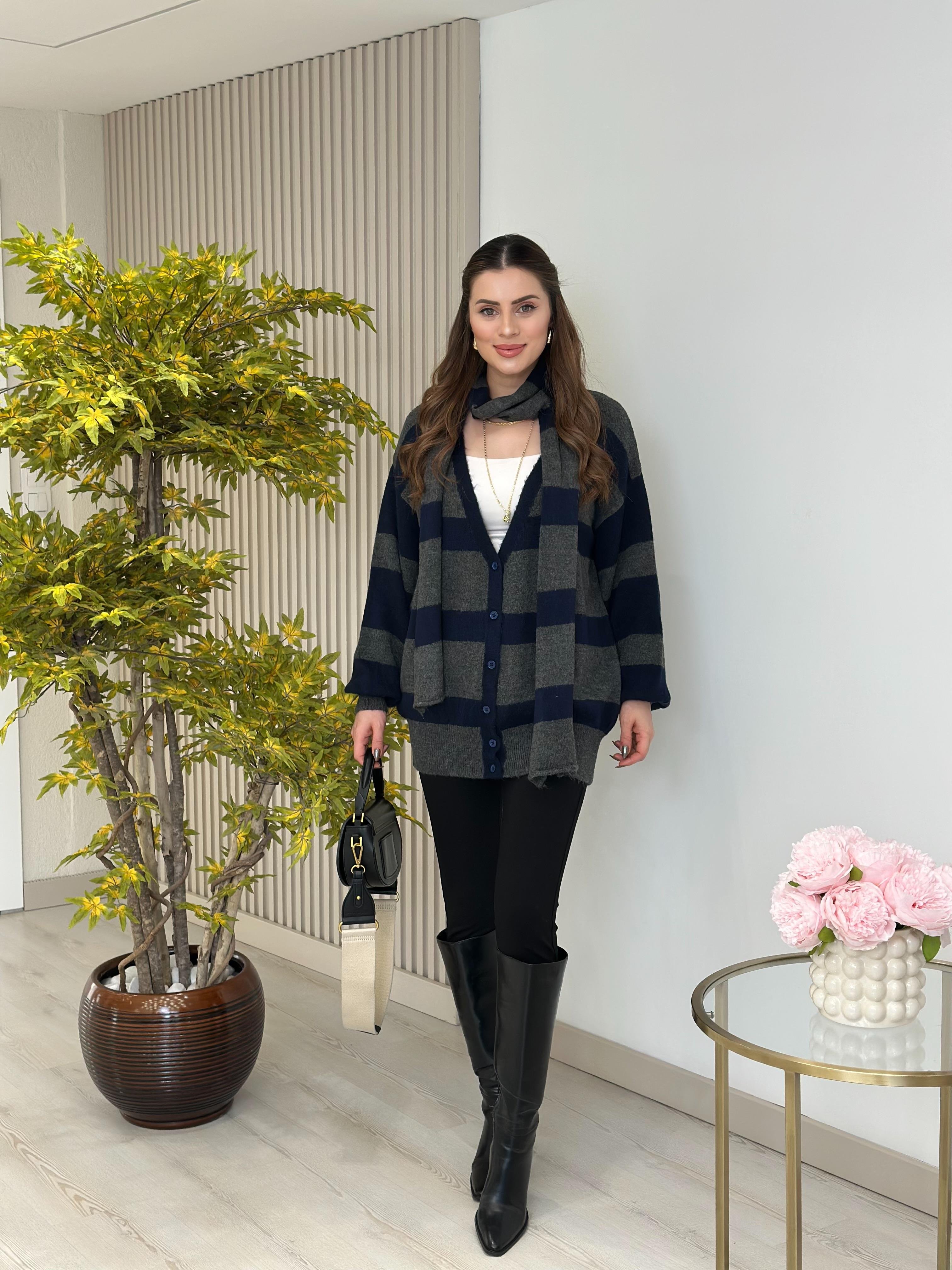 Atkılı Çizgili Oversıze Hırka Lacivert Füme
