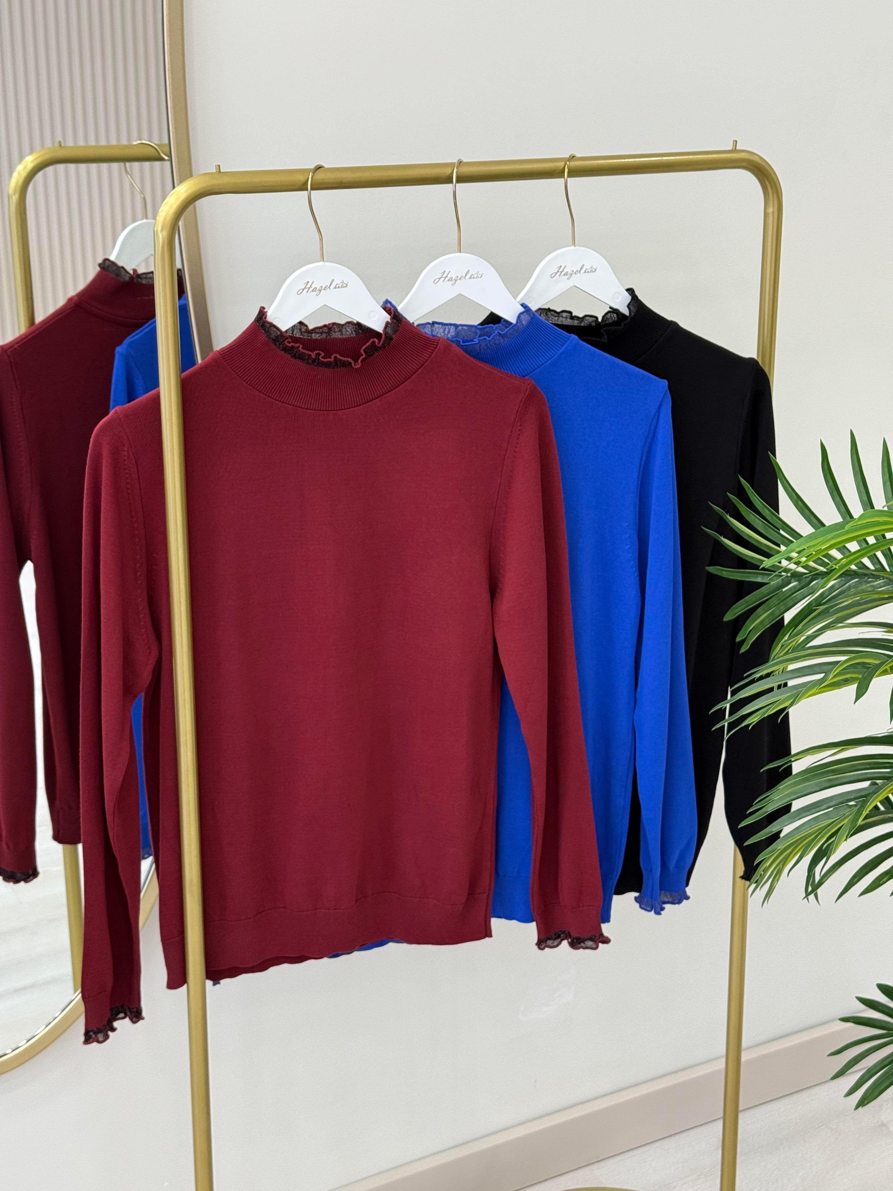 Balıkçı Yaka Yakası Ve Kol Ağzı Simli Premium Kalite Merserize Bordo