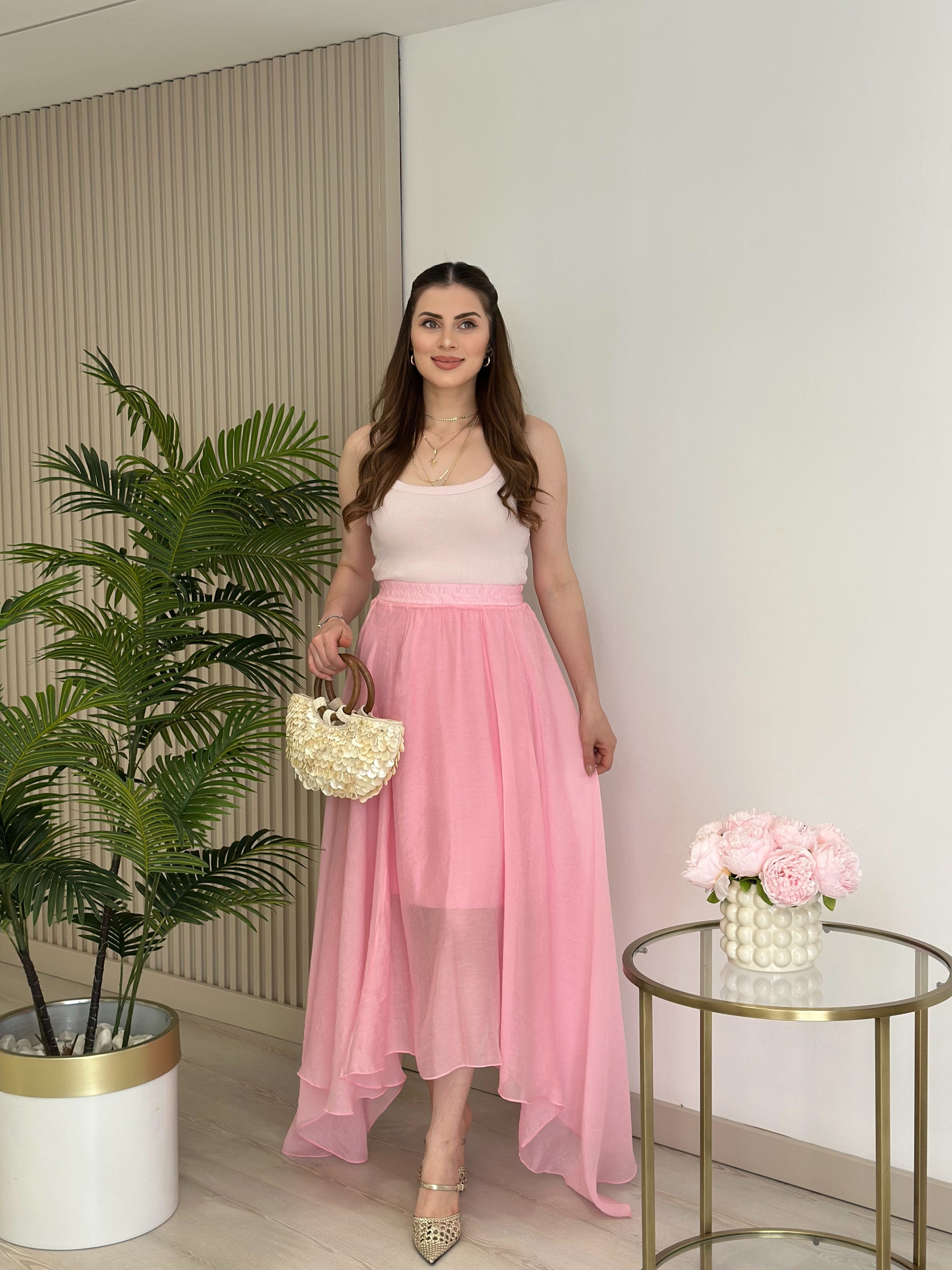 Bambu Kumaş Asimetrik Kesim Astarlı Etek Pembe