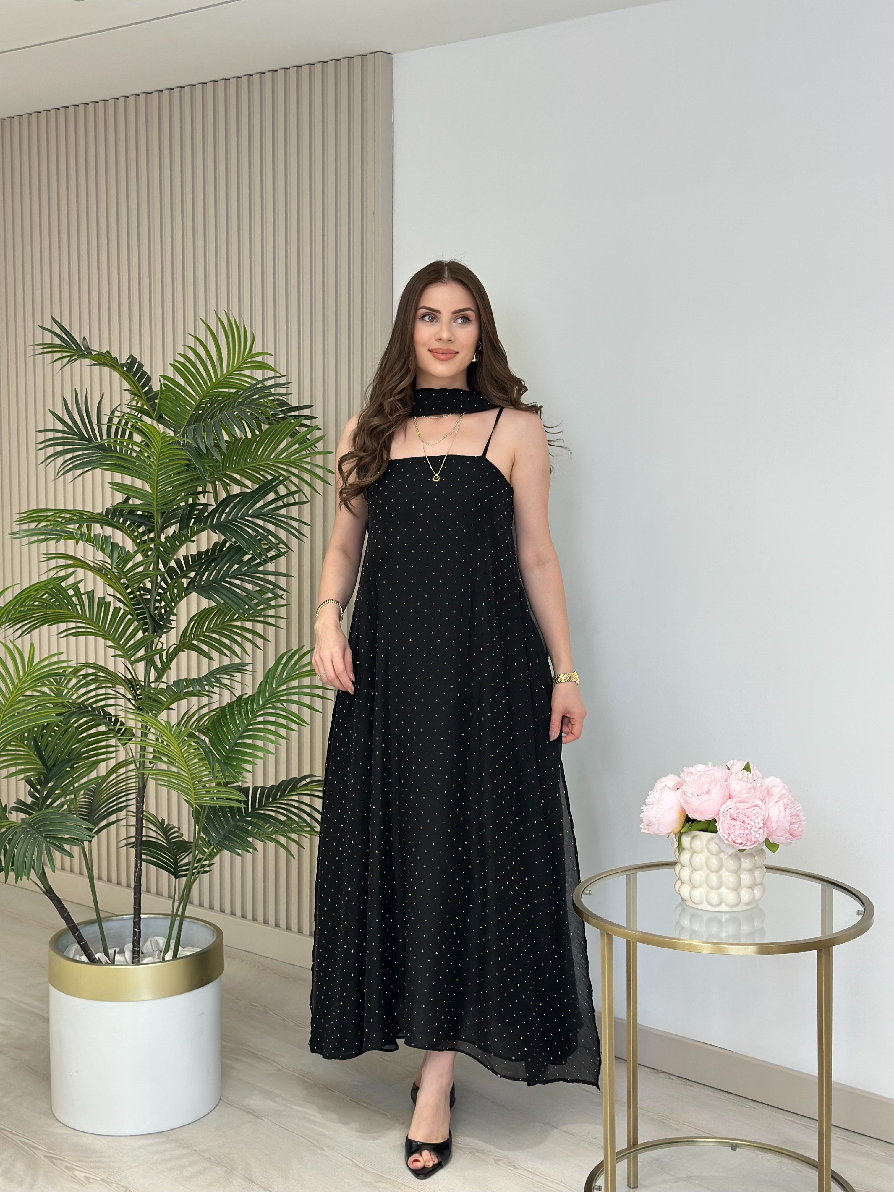 Bambu Kumaş Taşlı Şal Detaylı Elbise Siyah