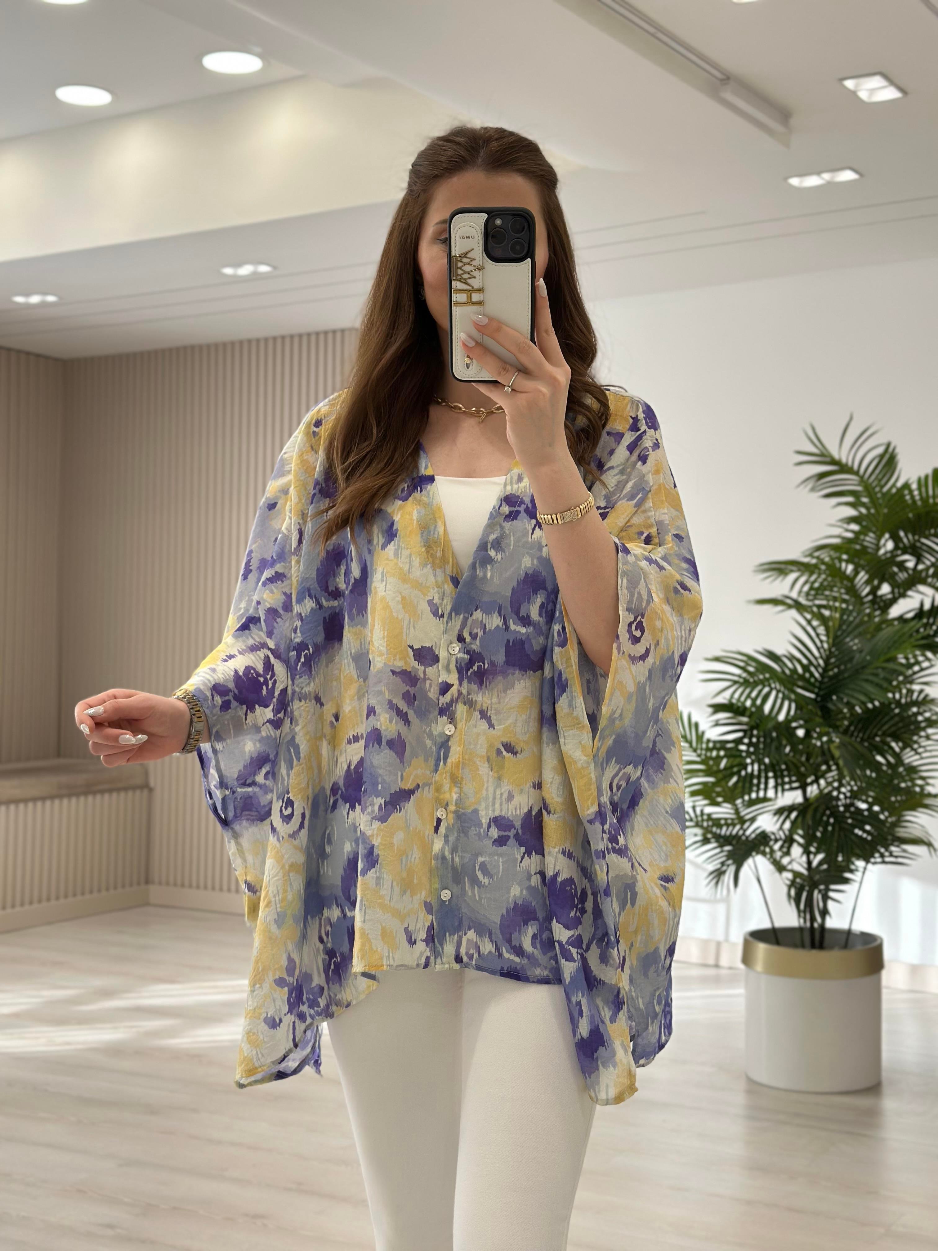 Bambu Mavi Sarı Desenli Kimono 