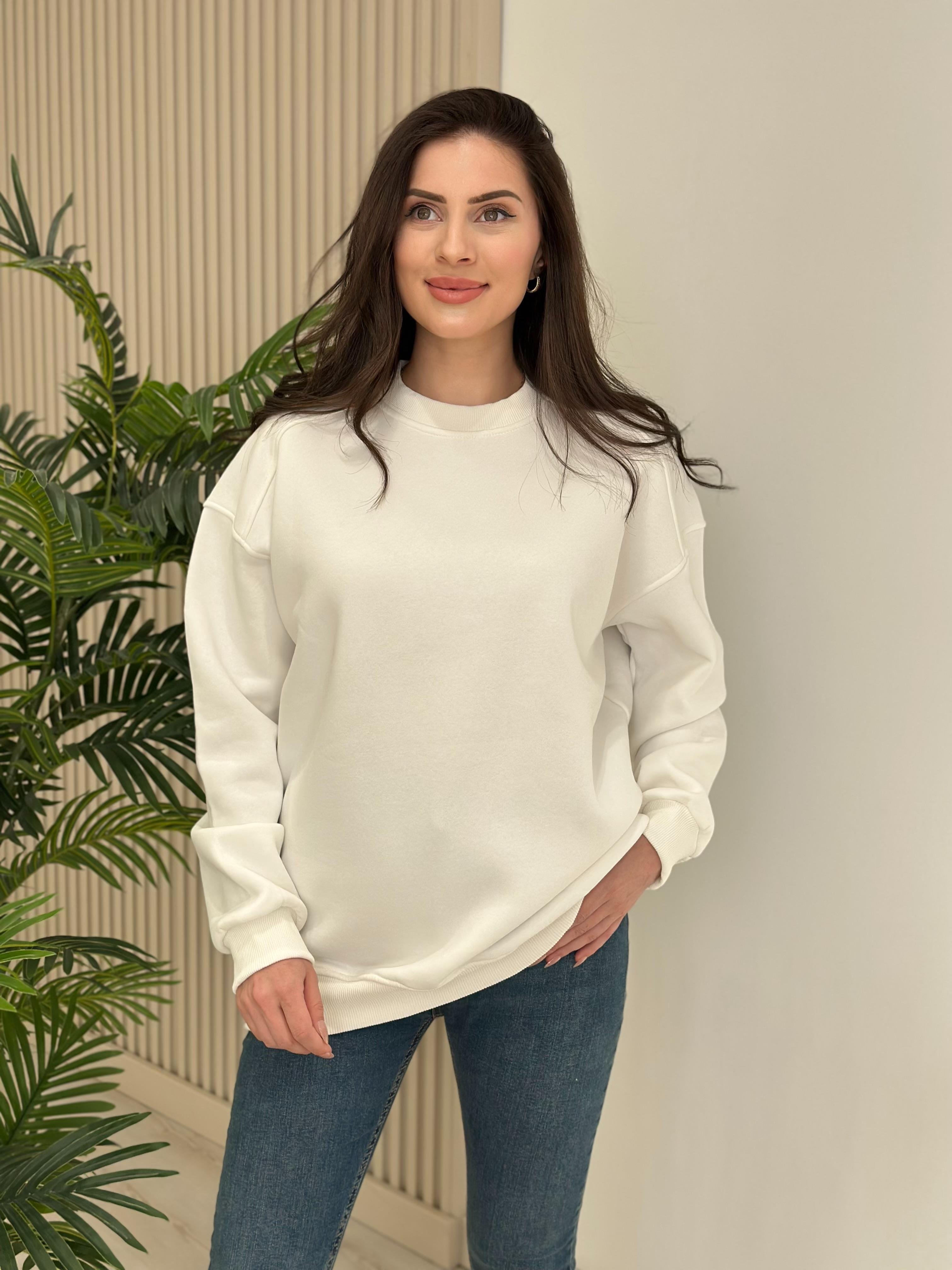Basıc Sıfır Yaka Sweatshirt Beyaz