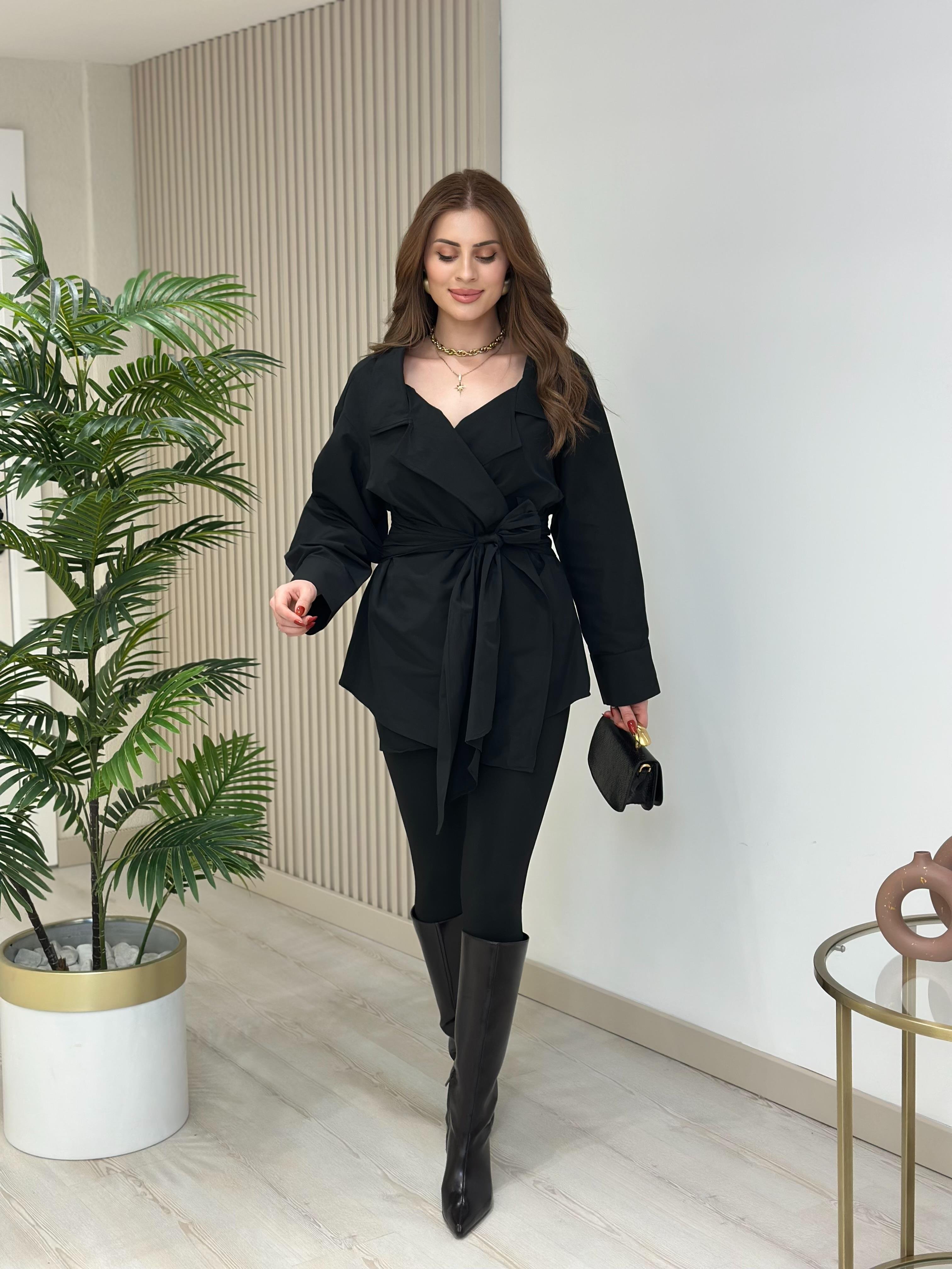 Beli Bağlamalı Tasarım Poplin Kumaş Bluz Siyah