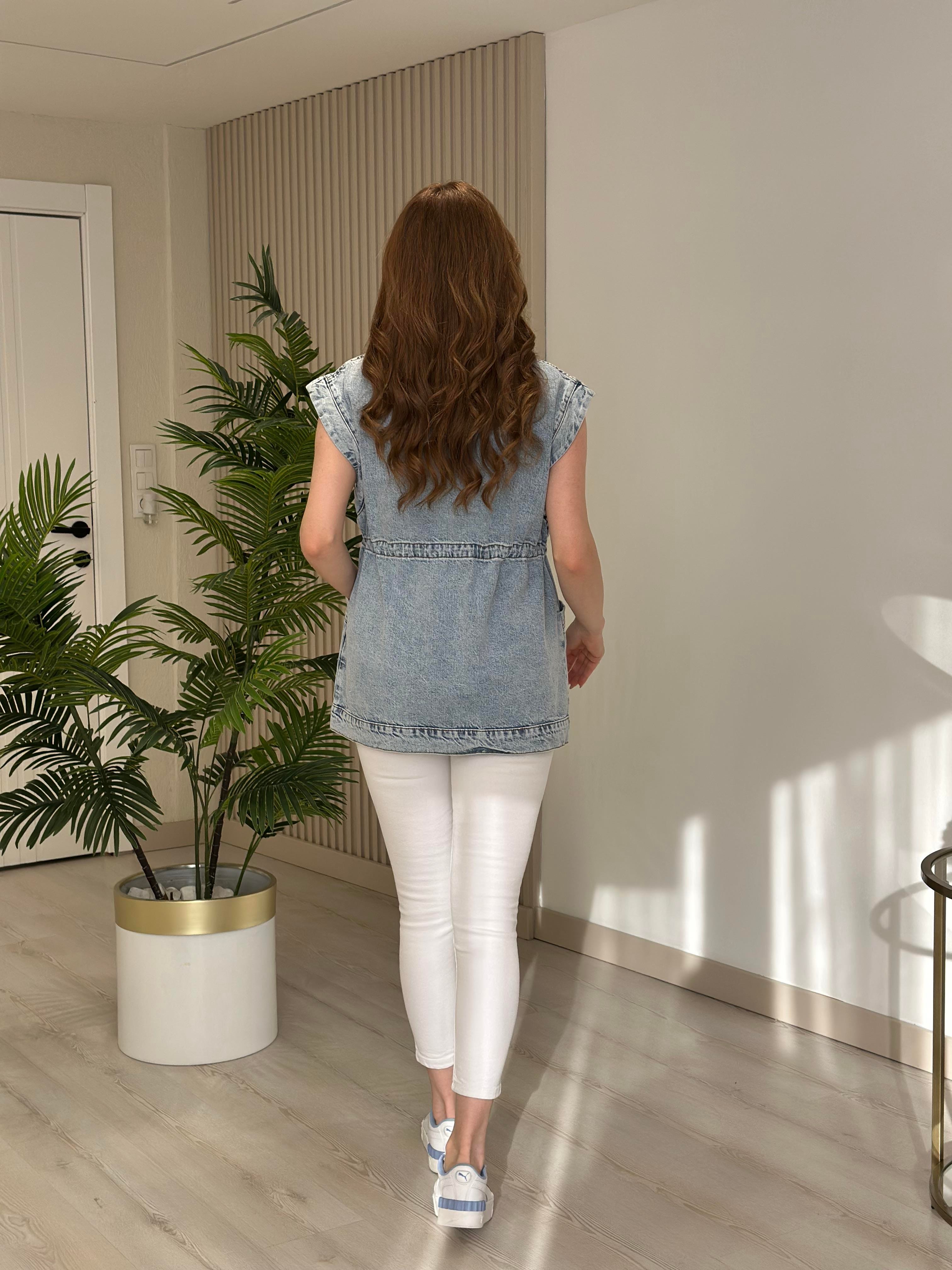 Beli Büzgülü Oversıze Kot Ceket Buz Mavi