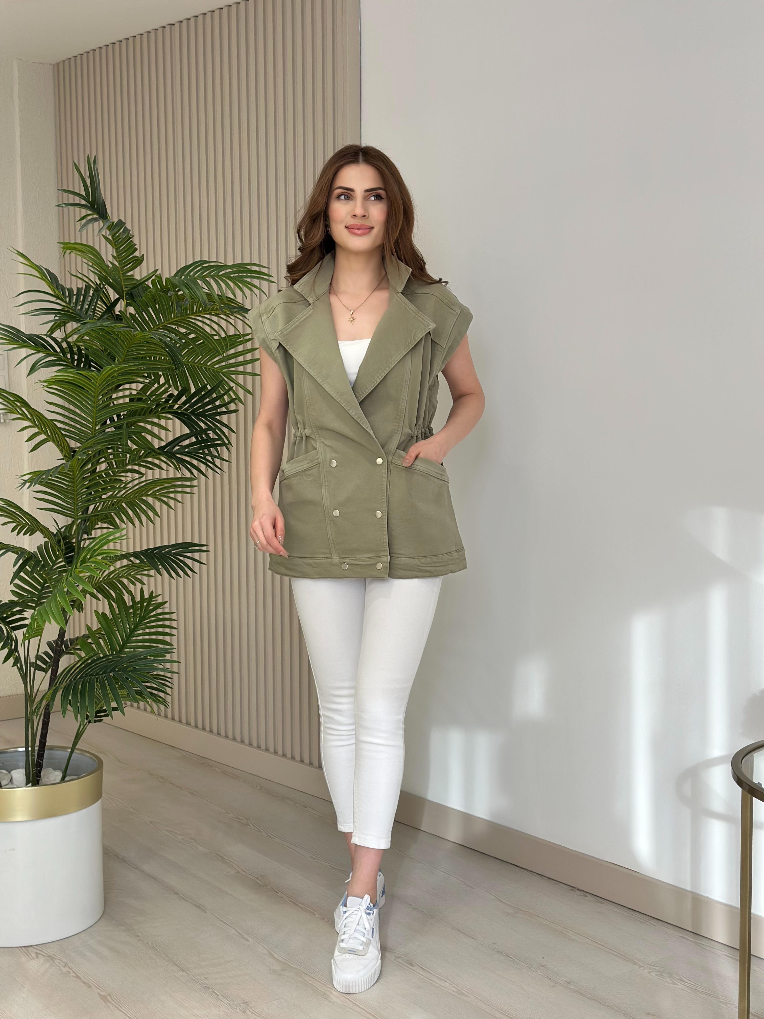 Beli Büzgülü Oversıze Kot Ceket Haki