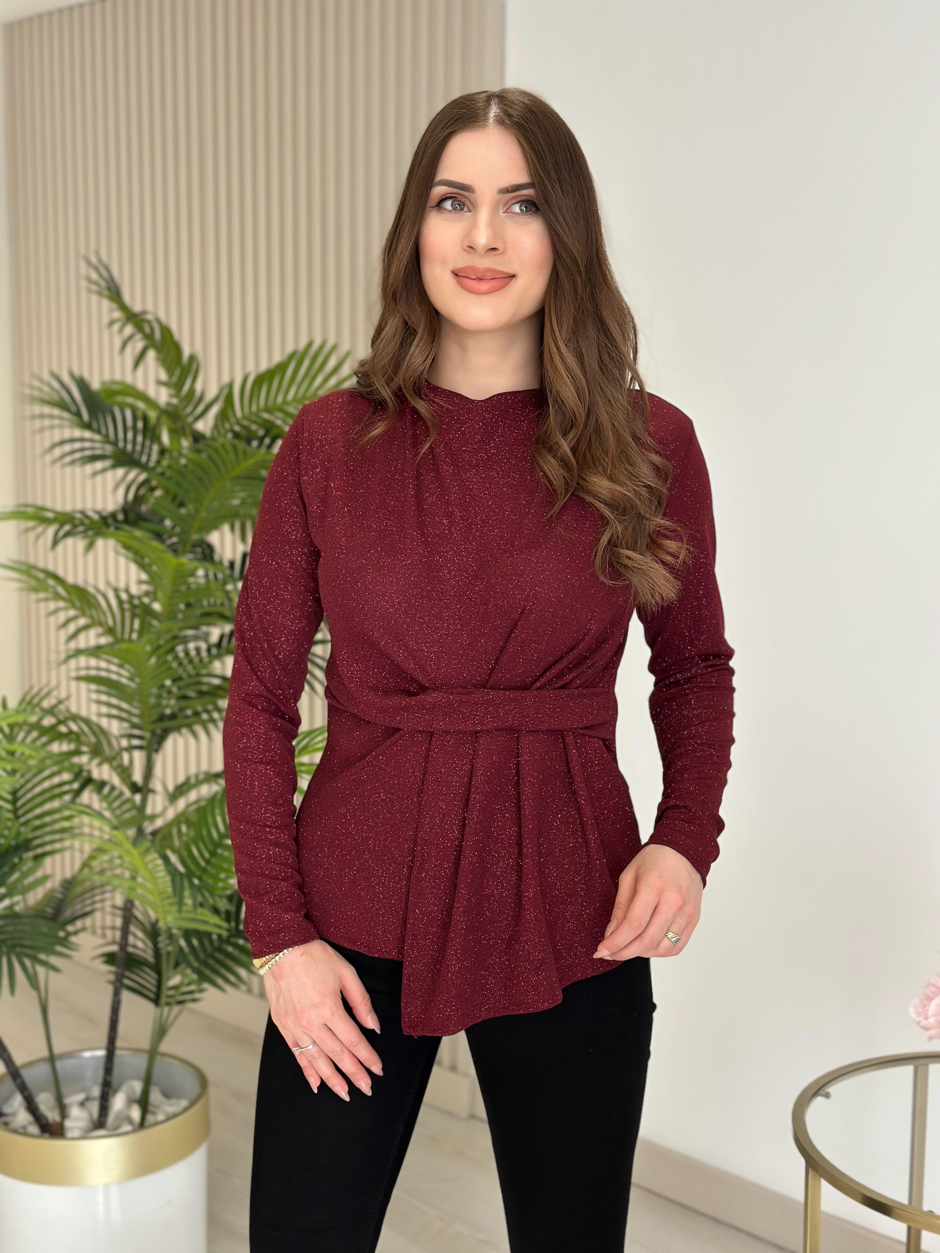 Beli Drapeli Simli Likralı Bluz Bordo