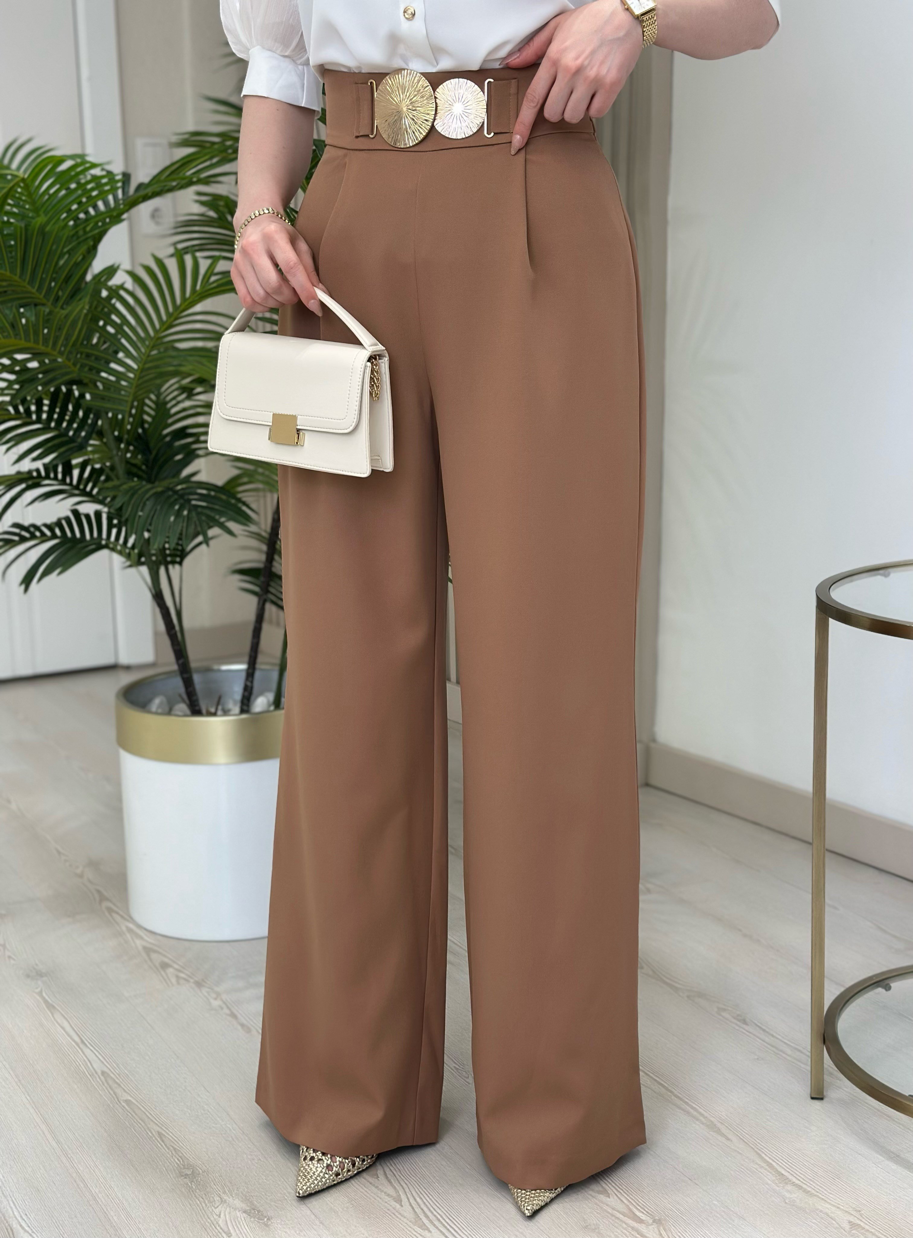 Beli Gold Daire Tokalı Yüksek Bel Palazzo Pantolon Camel