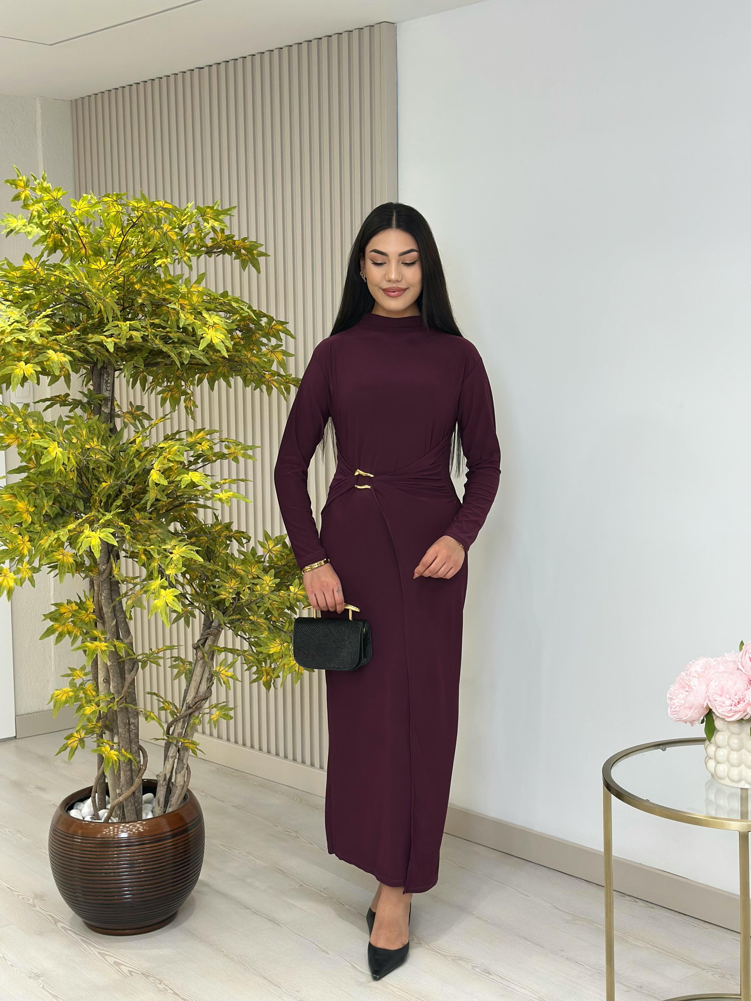 Beli Gold Tokalı Dik Yaka Sandy Kumaş Elbise Mürdüm