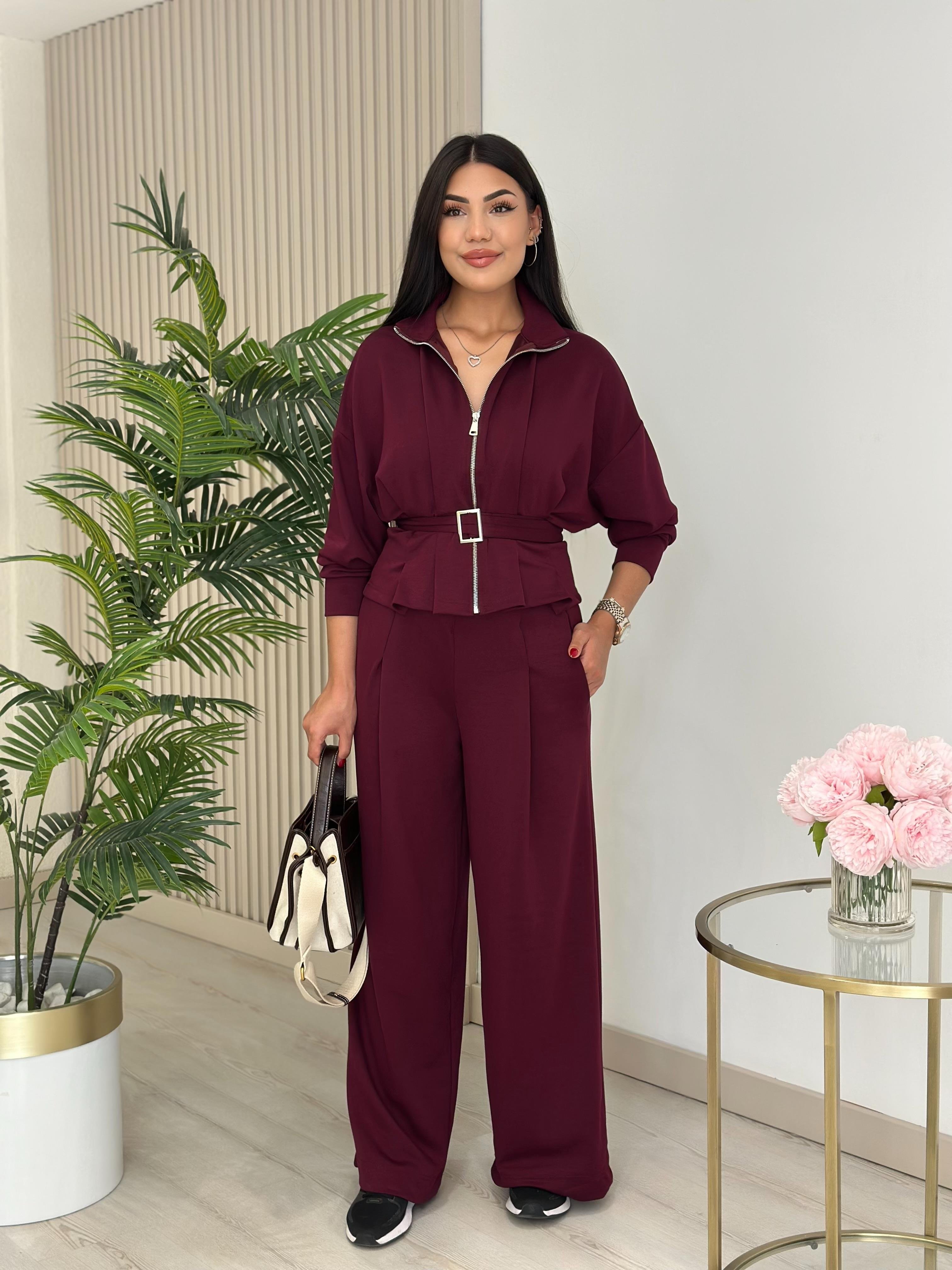 Beli Kemerli Modal Kumaş Takım Bordo