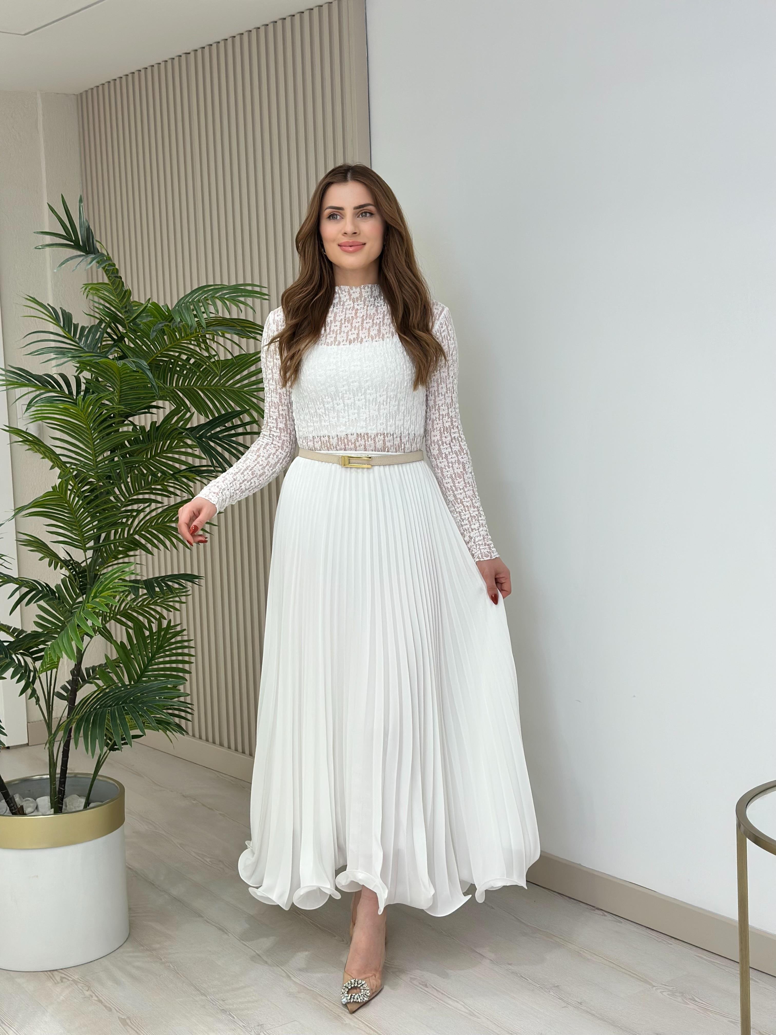 Beli Lastikli Astarlı Şifon Piliseli Etek Beyaz