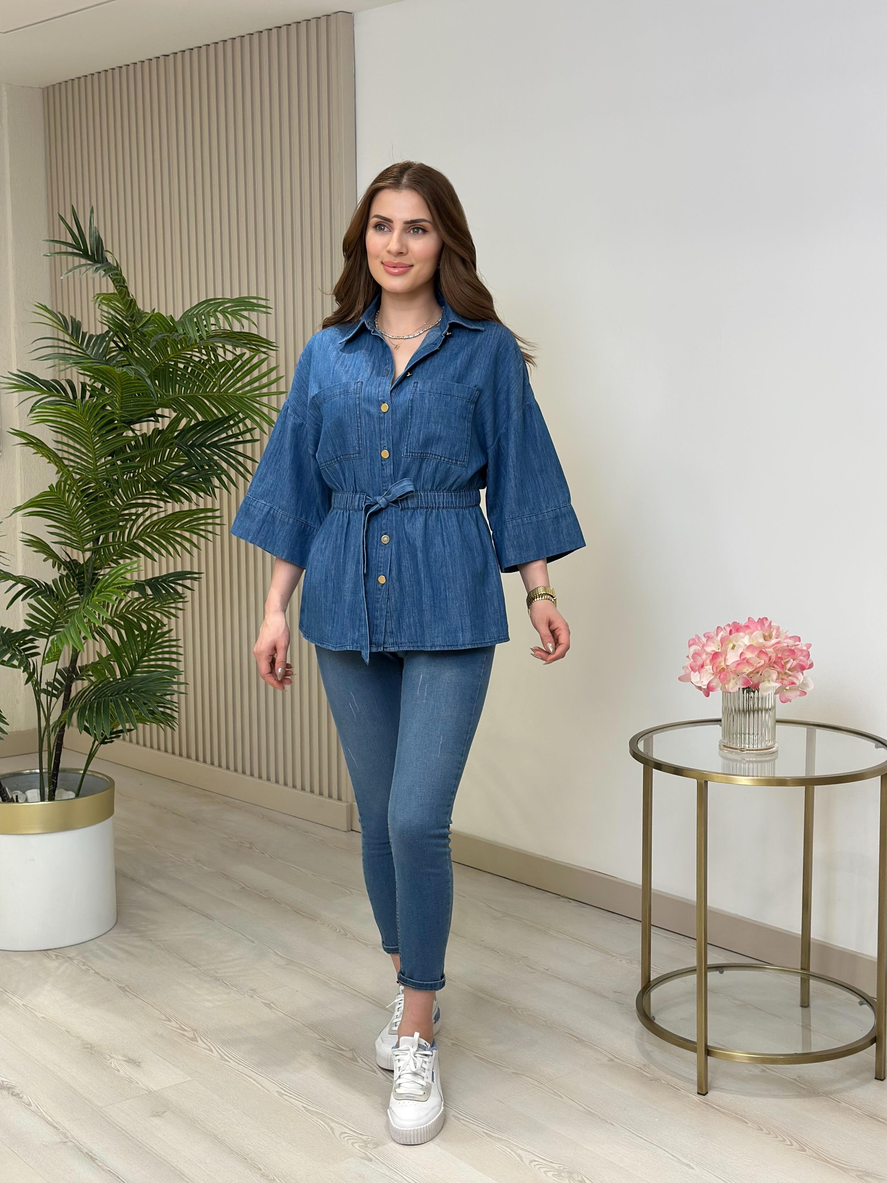 Beli Lastikli Bağcıklı Jean Gömlek 