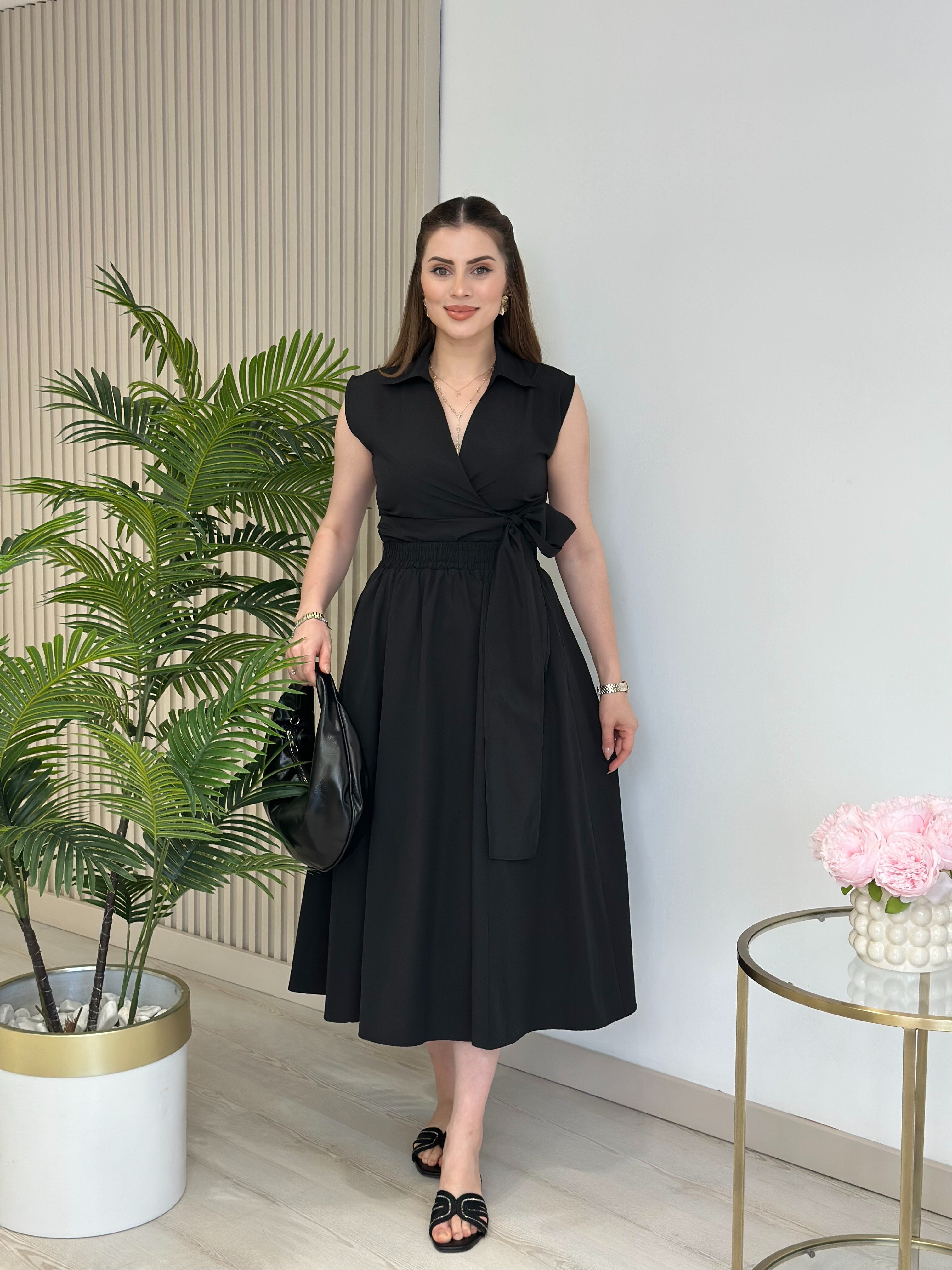Beli Lastikli Cepli Poplin Kumaş Etek Siyah