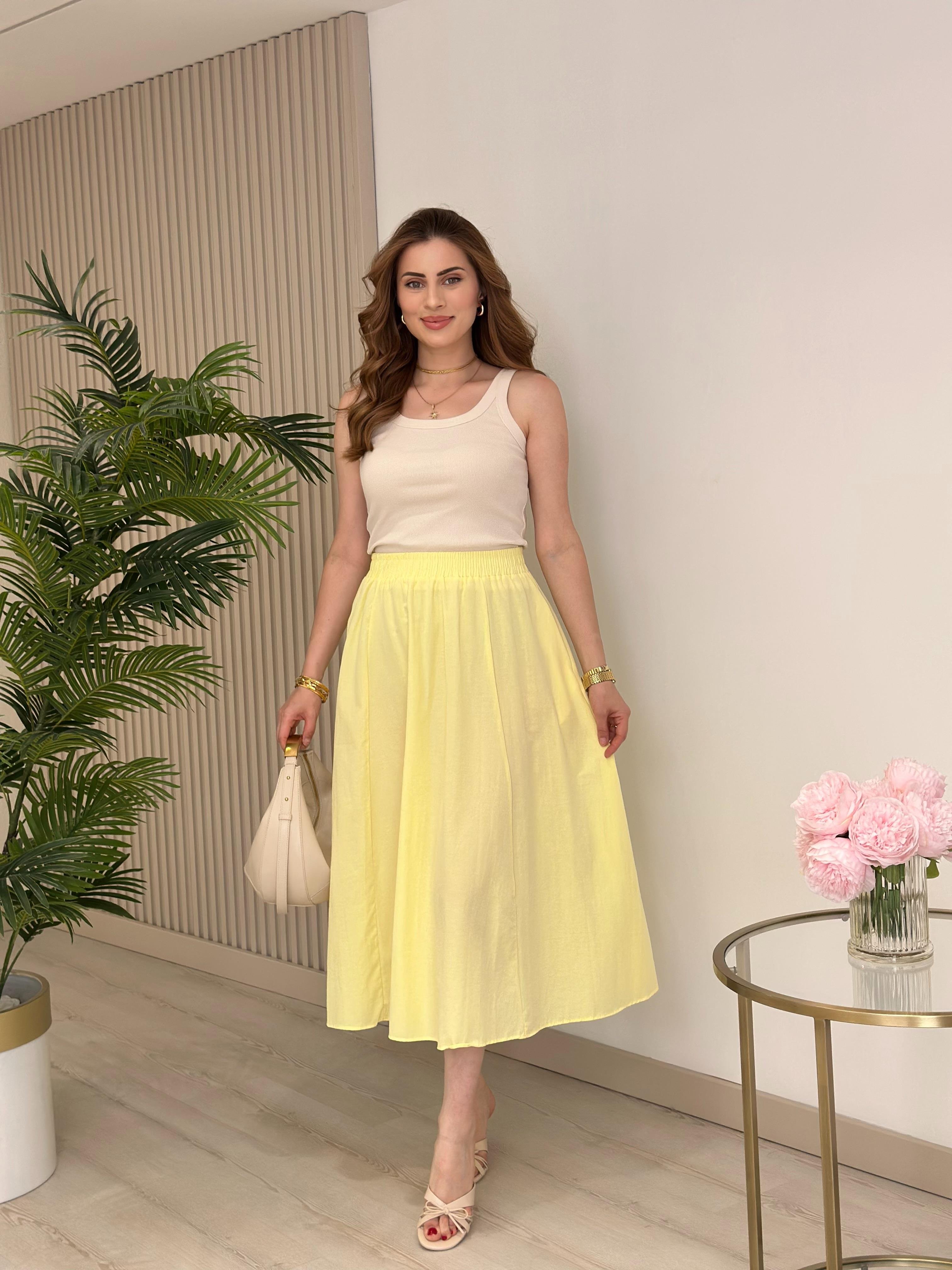 Beli Lastikli Cepli Poplin Kumaş Etek Sarı