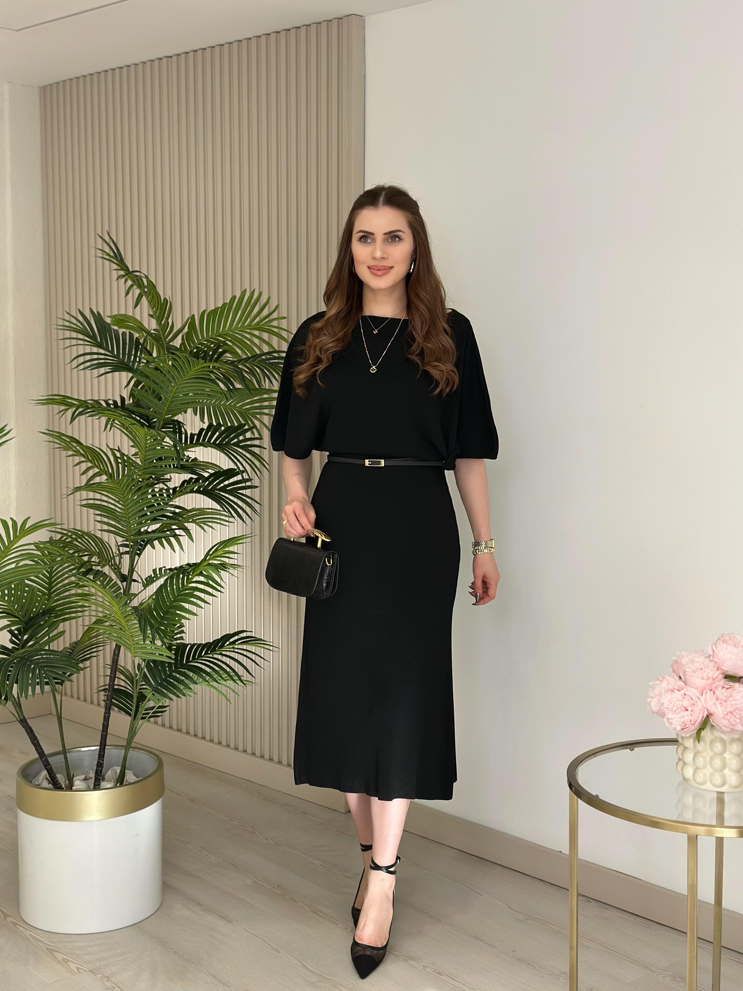 Çelik Örme Kemerli Yarasa Kol Triko Elbise Siyah