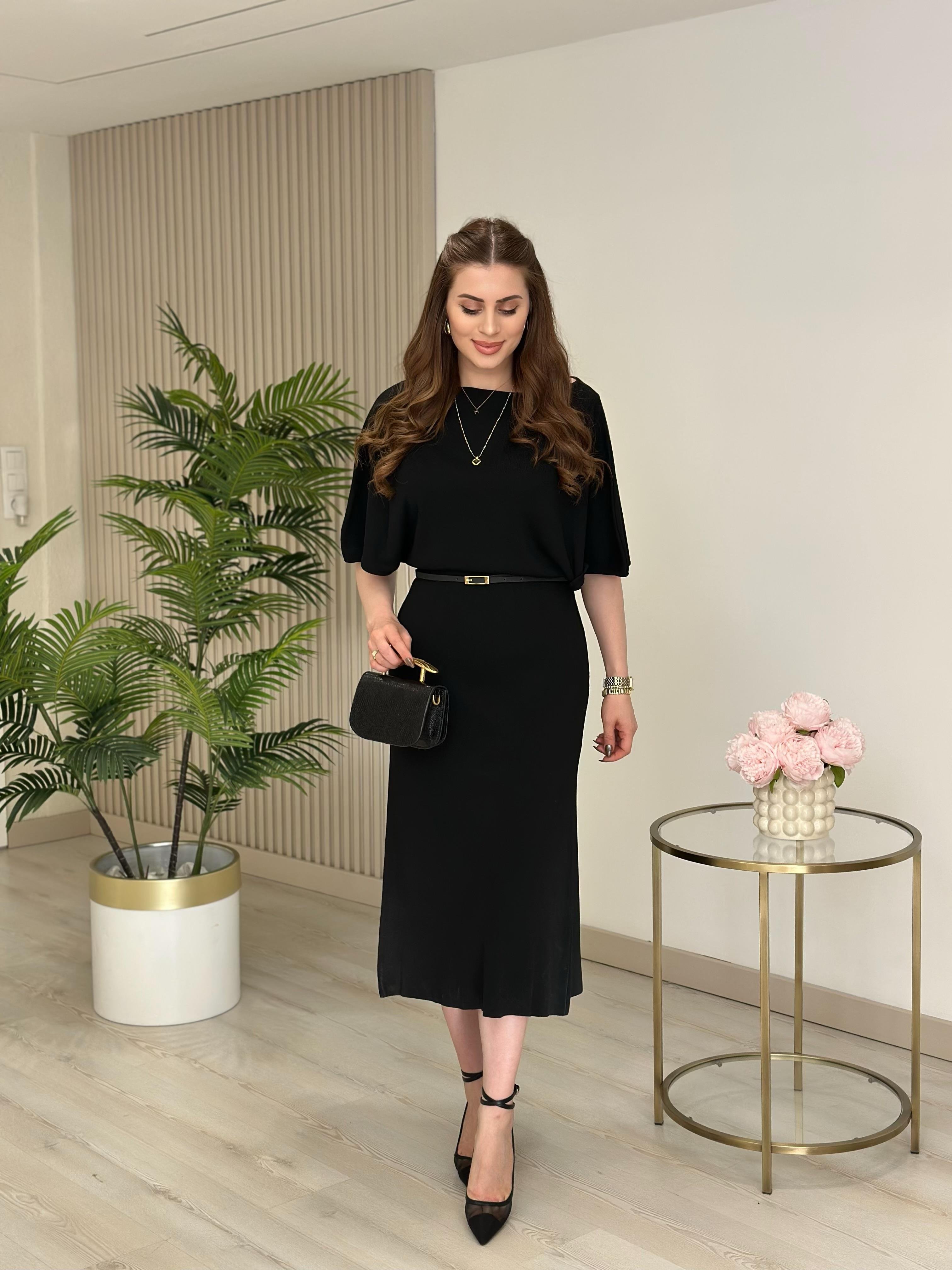 Çelik Örme Kemerli Yarasa Kol Triko Elbise Siyah