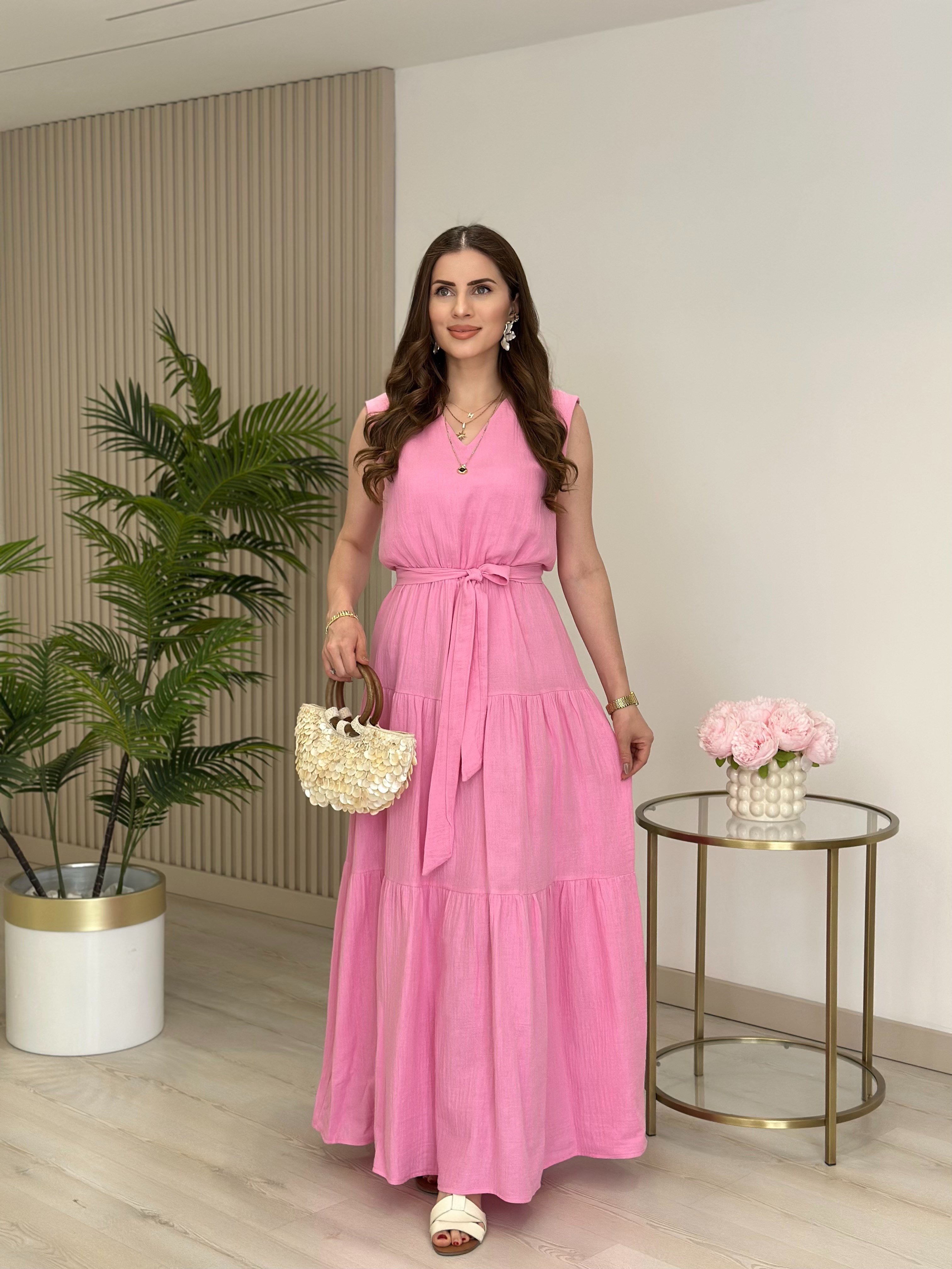 Çift Kat Müslin Beli Lastikli V Yaka Elbise Pembe