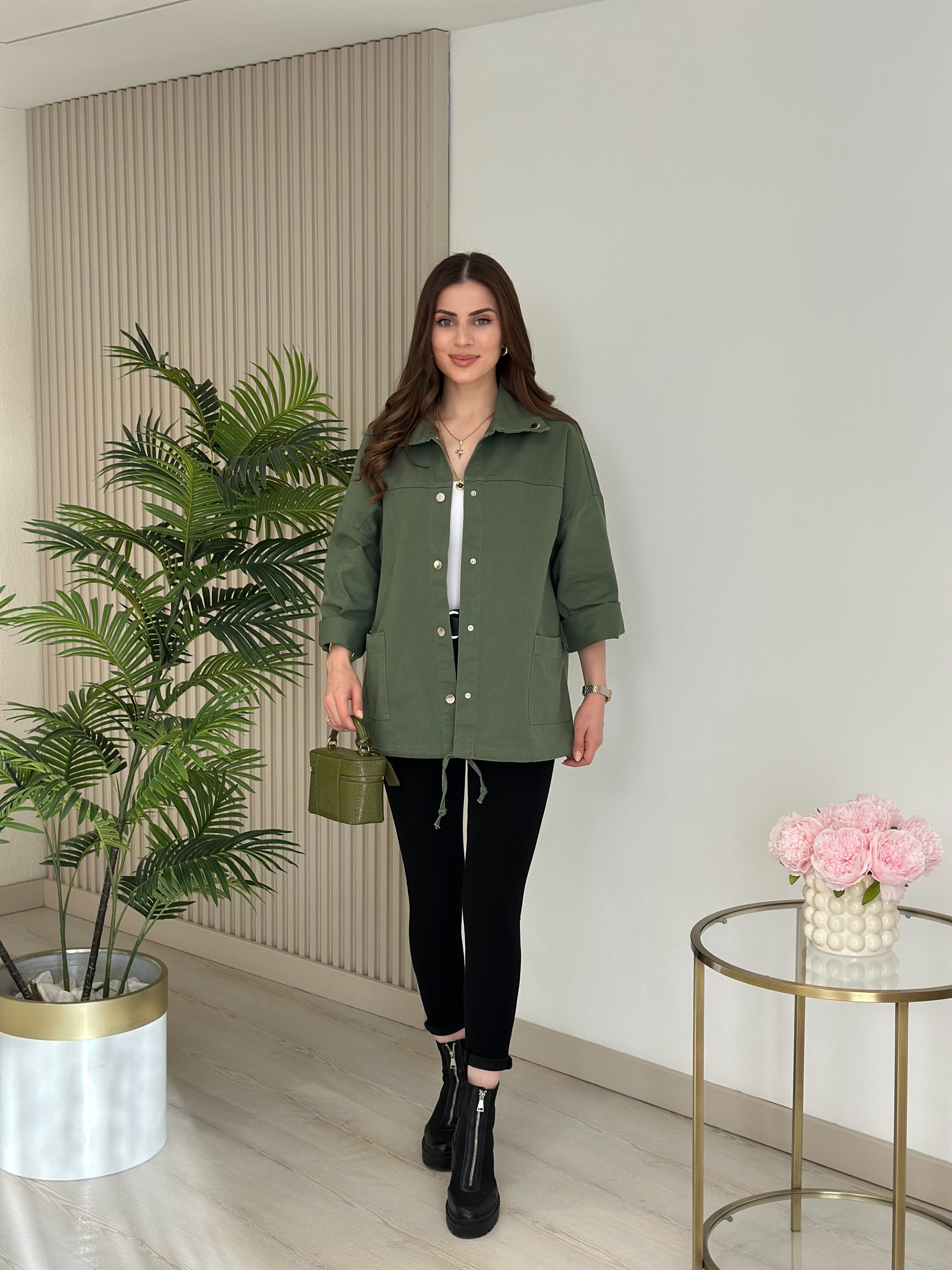 Çıtçıtlı Oversıze Gabardin Ceket Haki Yeşil