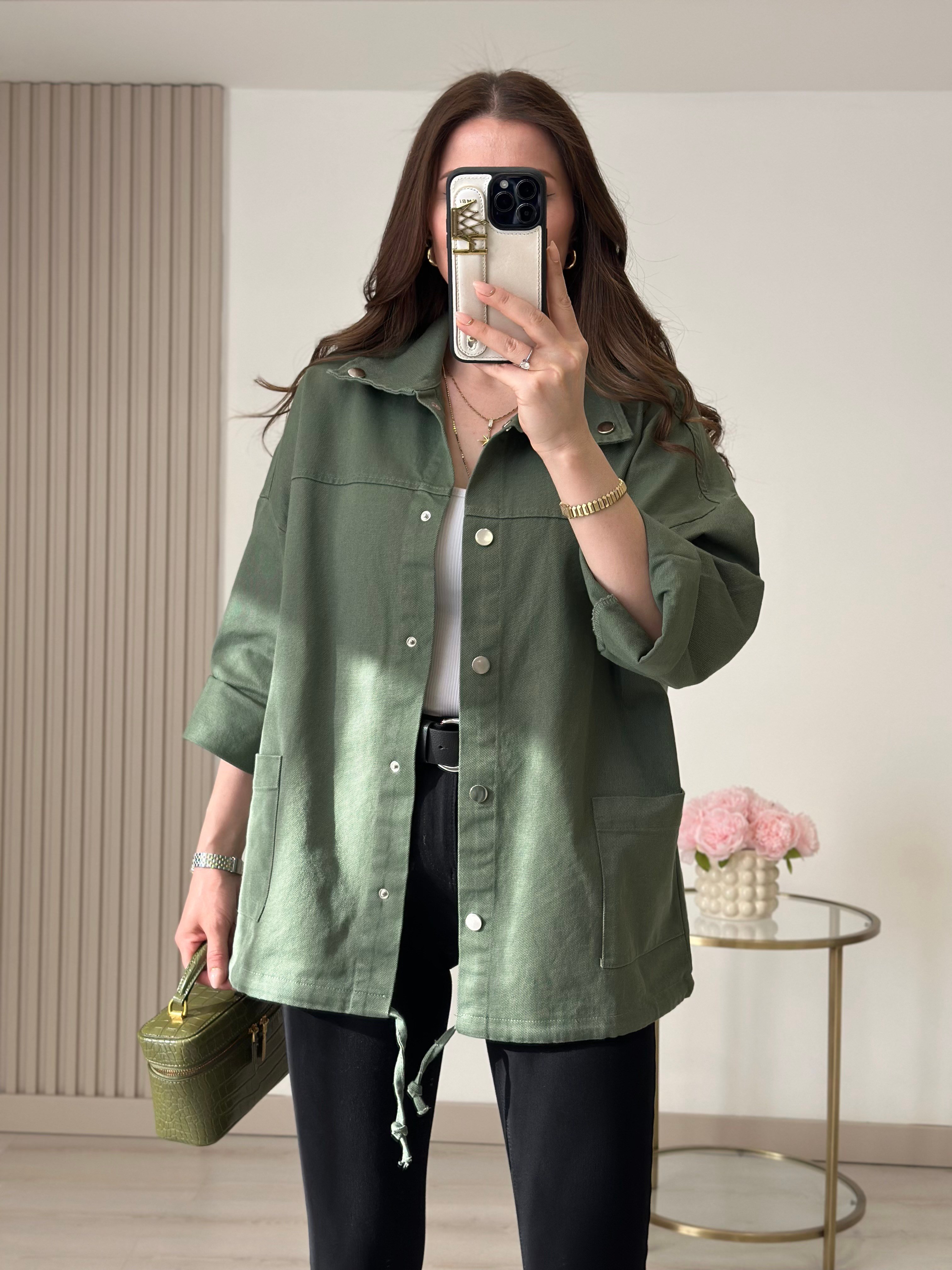 Çıtçıtlı Oversıze Gabardin Ceket Haki Yeşil