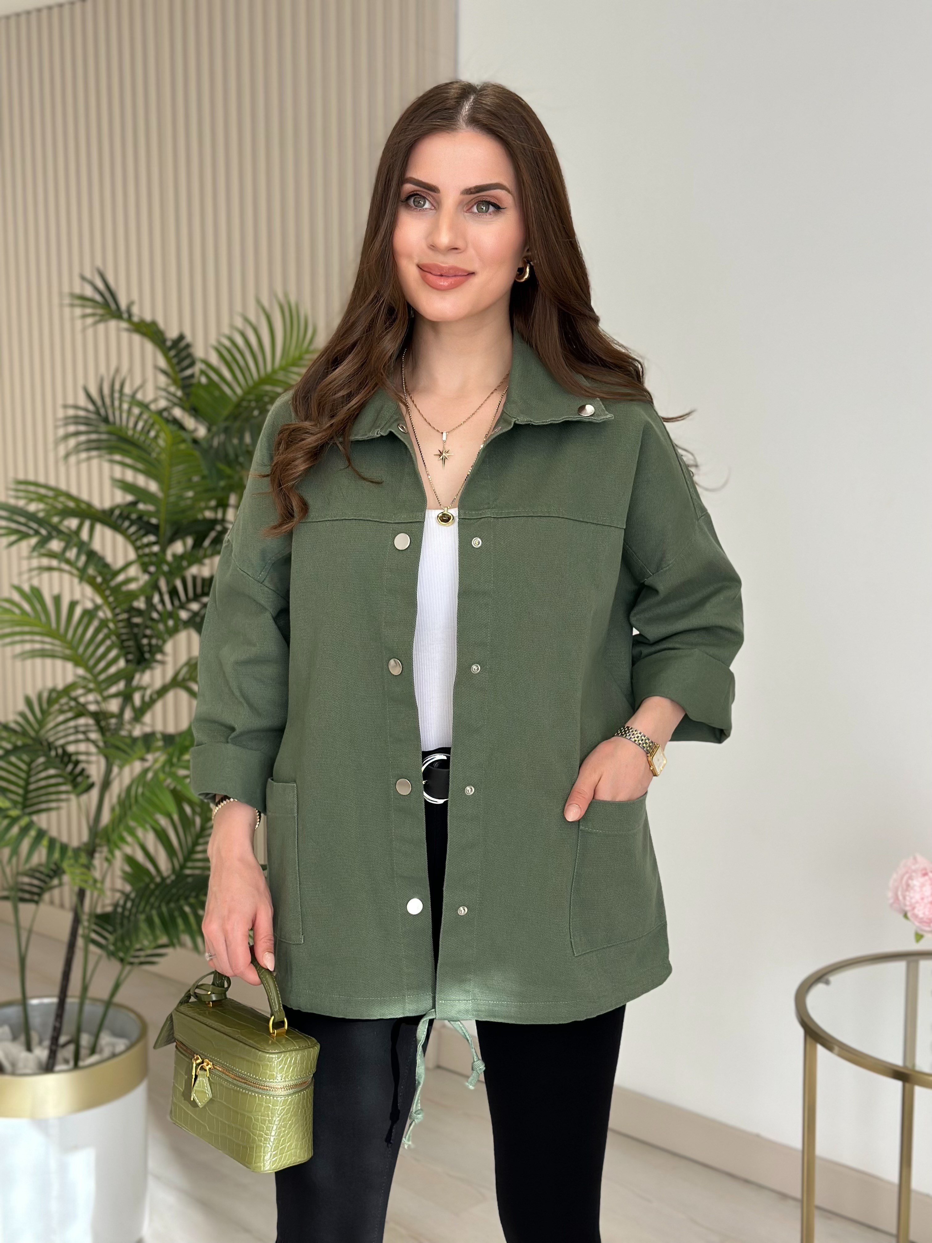 Çıtçıtlı Oversıze Gabardin Ceket Haki Yeşil