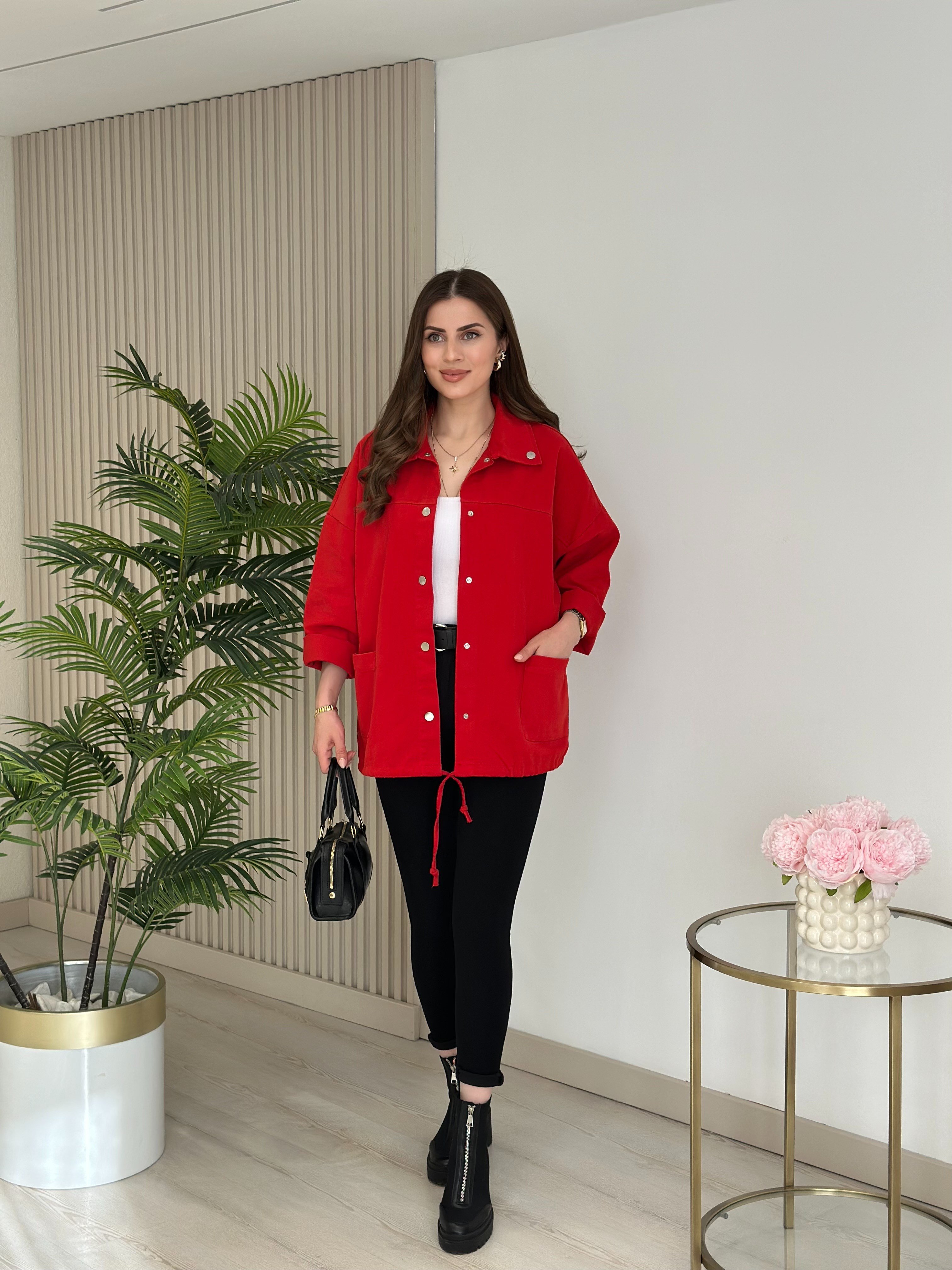 Çıtçıtlı Oversıze Gabardin Ceket Kırmızı