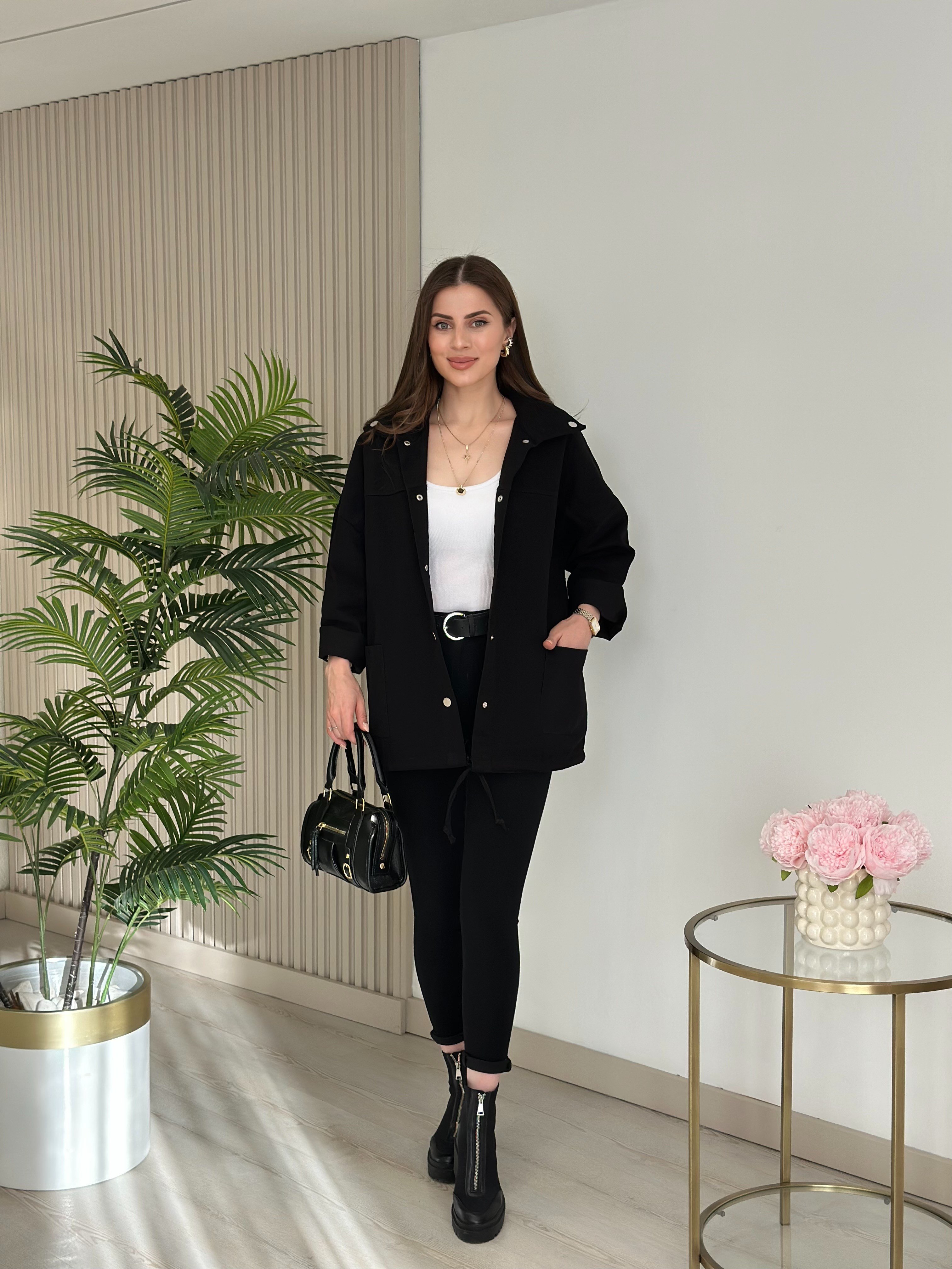 Çıtçıtlı Oversıze Gabardin Ceket Siyah