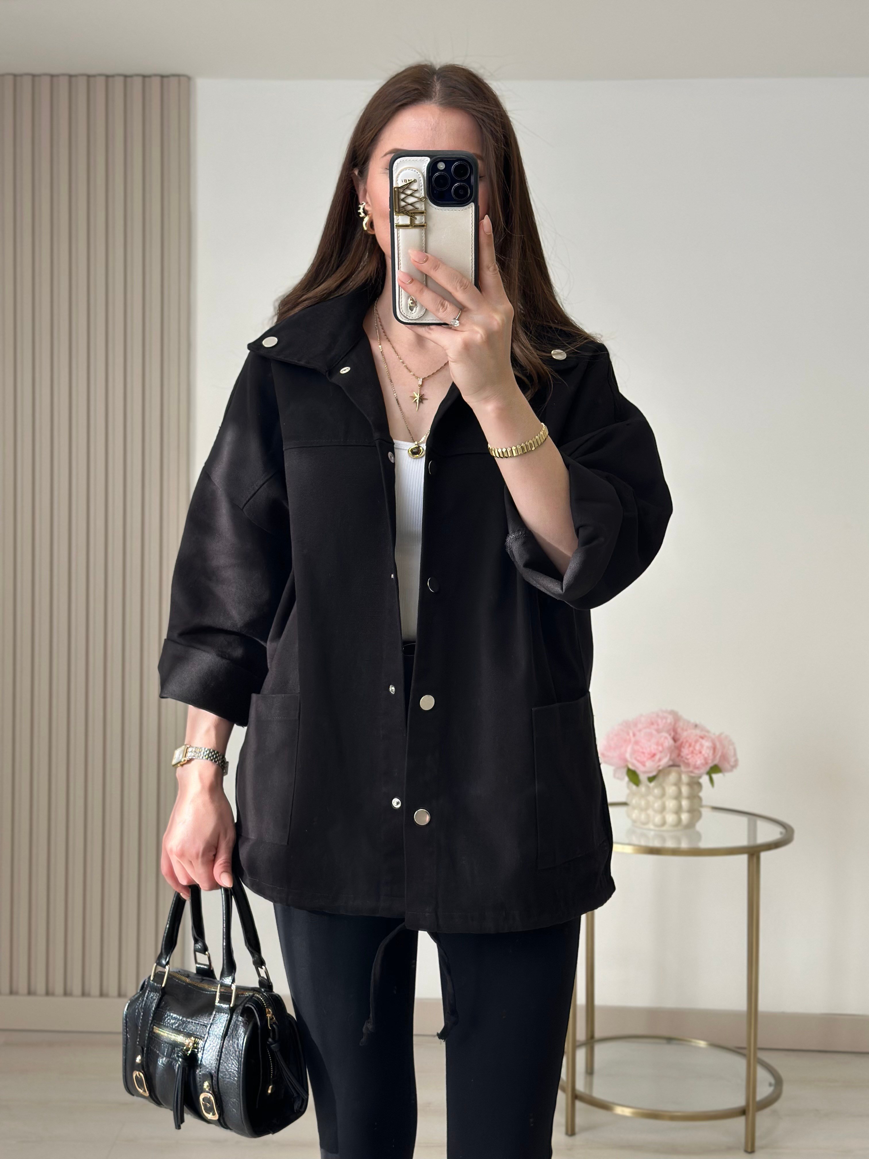 Çıtçıtlı Oversıze Gabardin Ceket Siyah