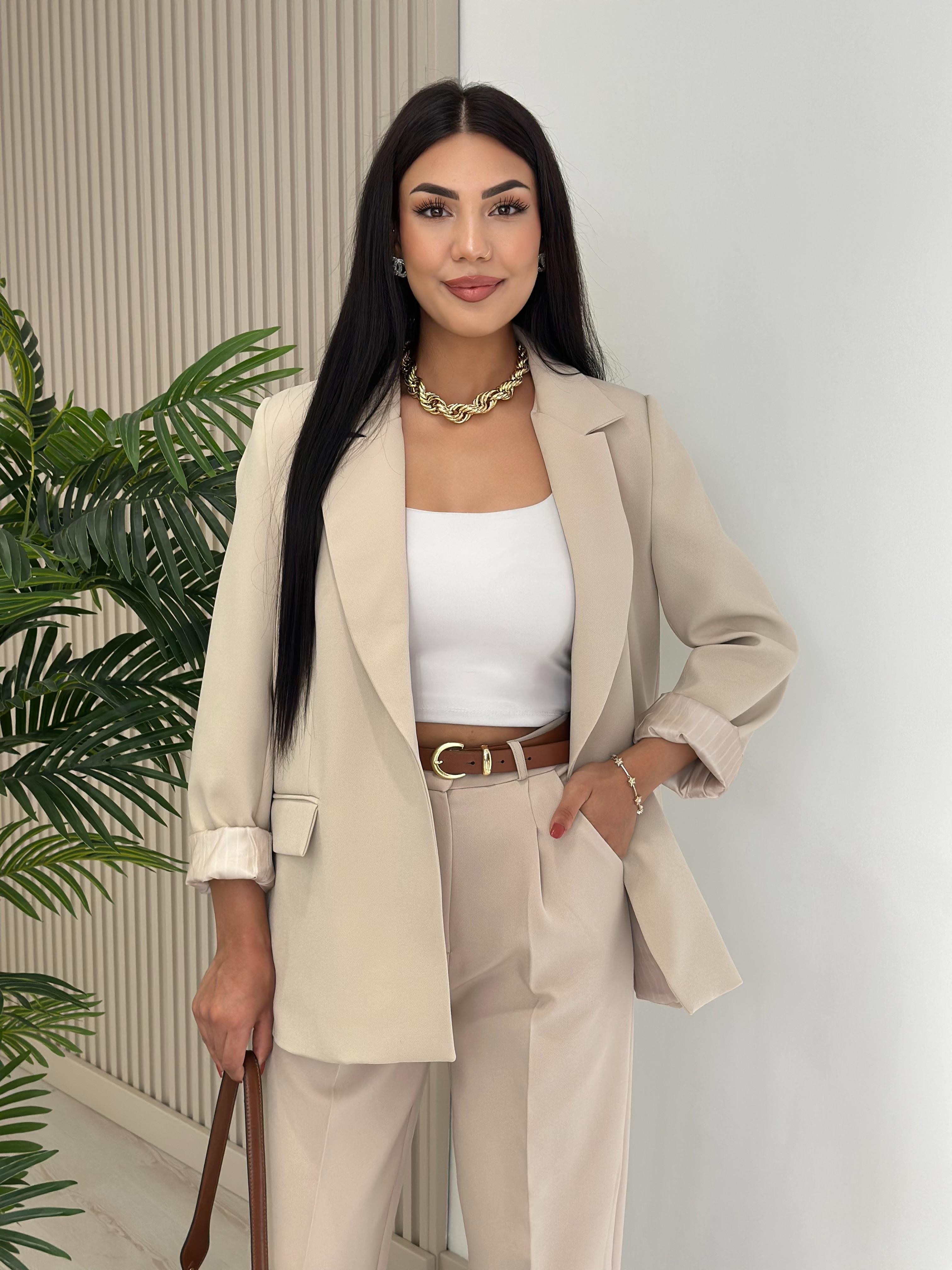 Çizgili Astarlı Blazer Ceket Bej