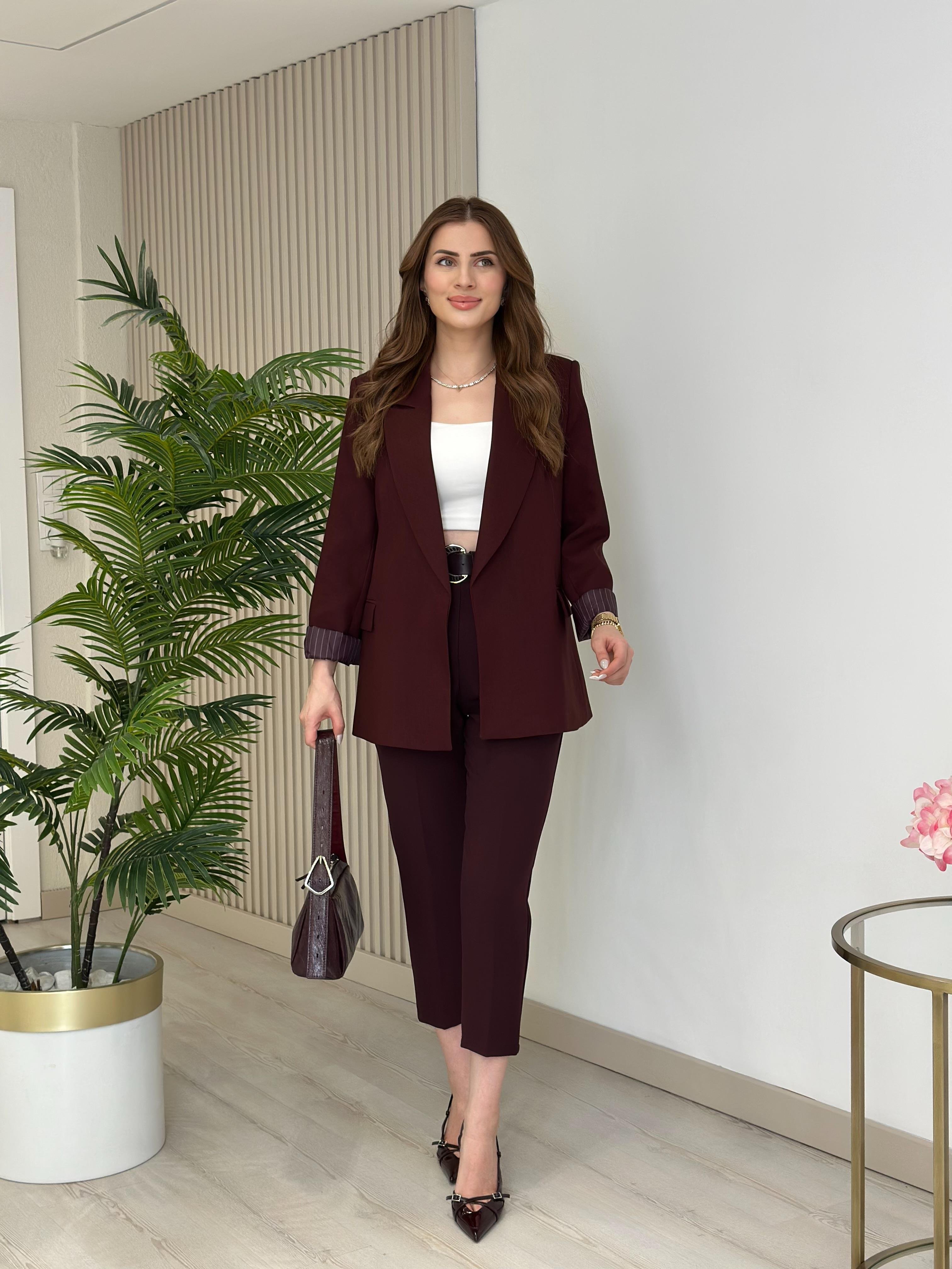 Çizgili Astarlı Ceket Bordo