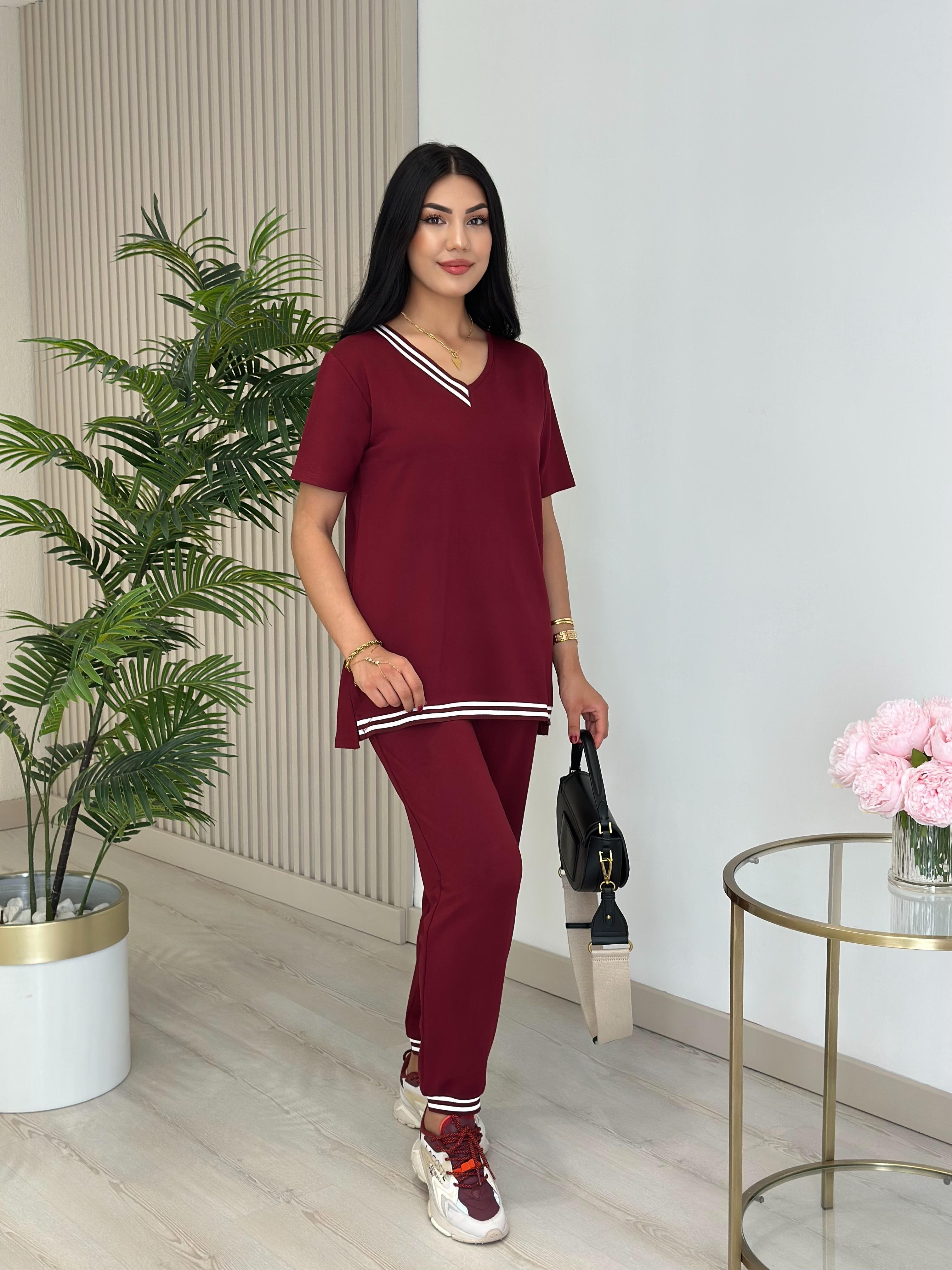 Çizgili Biyeli Modal Kumaş Takım Bordo