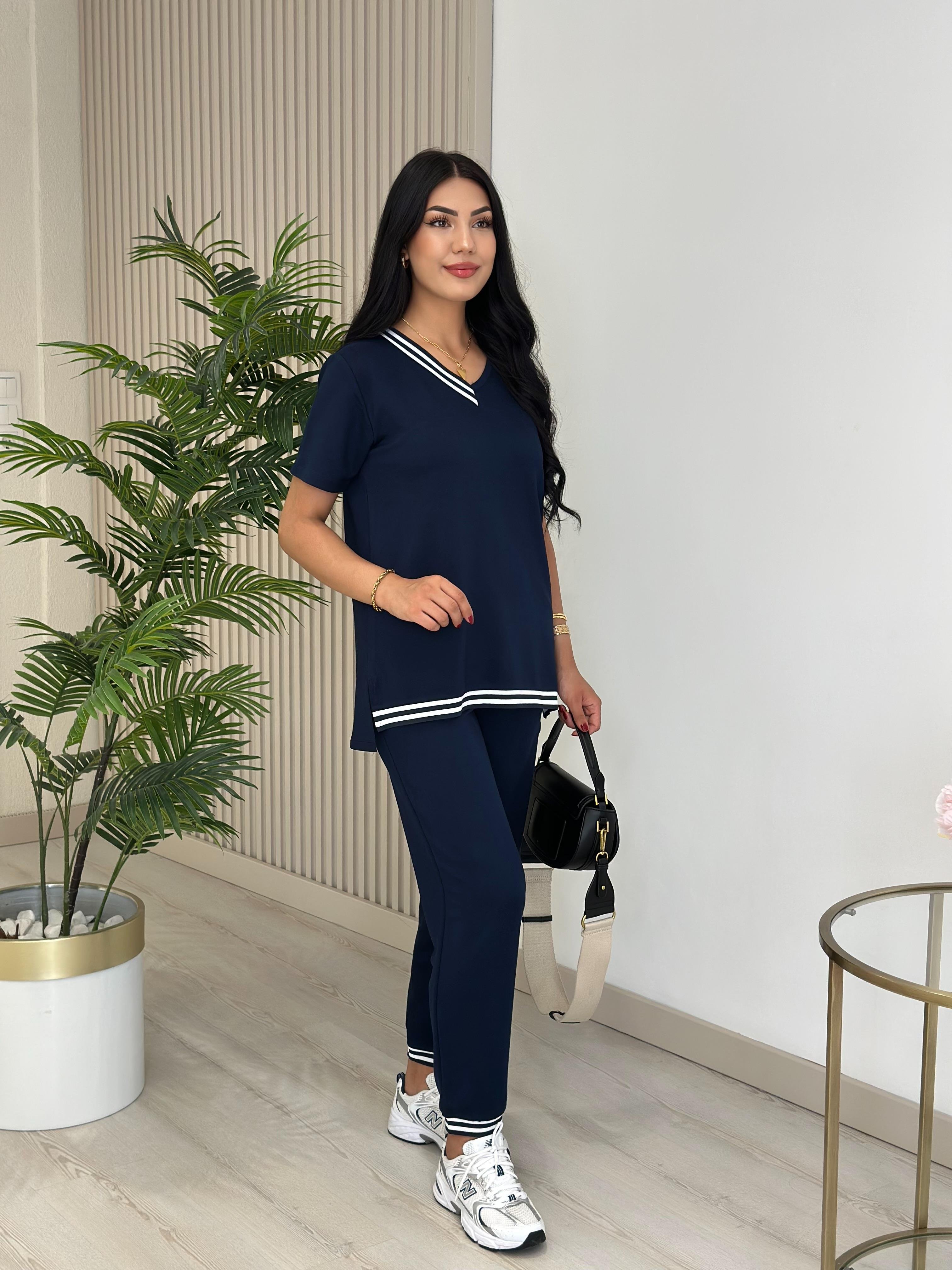 Çizgili Biyeli Modal Kumaş Takım Lacivert