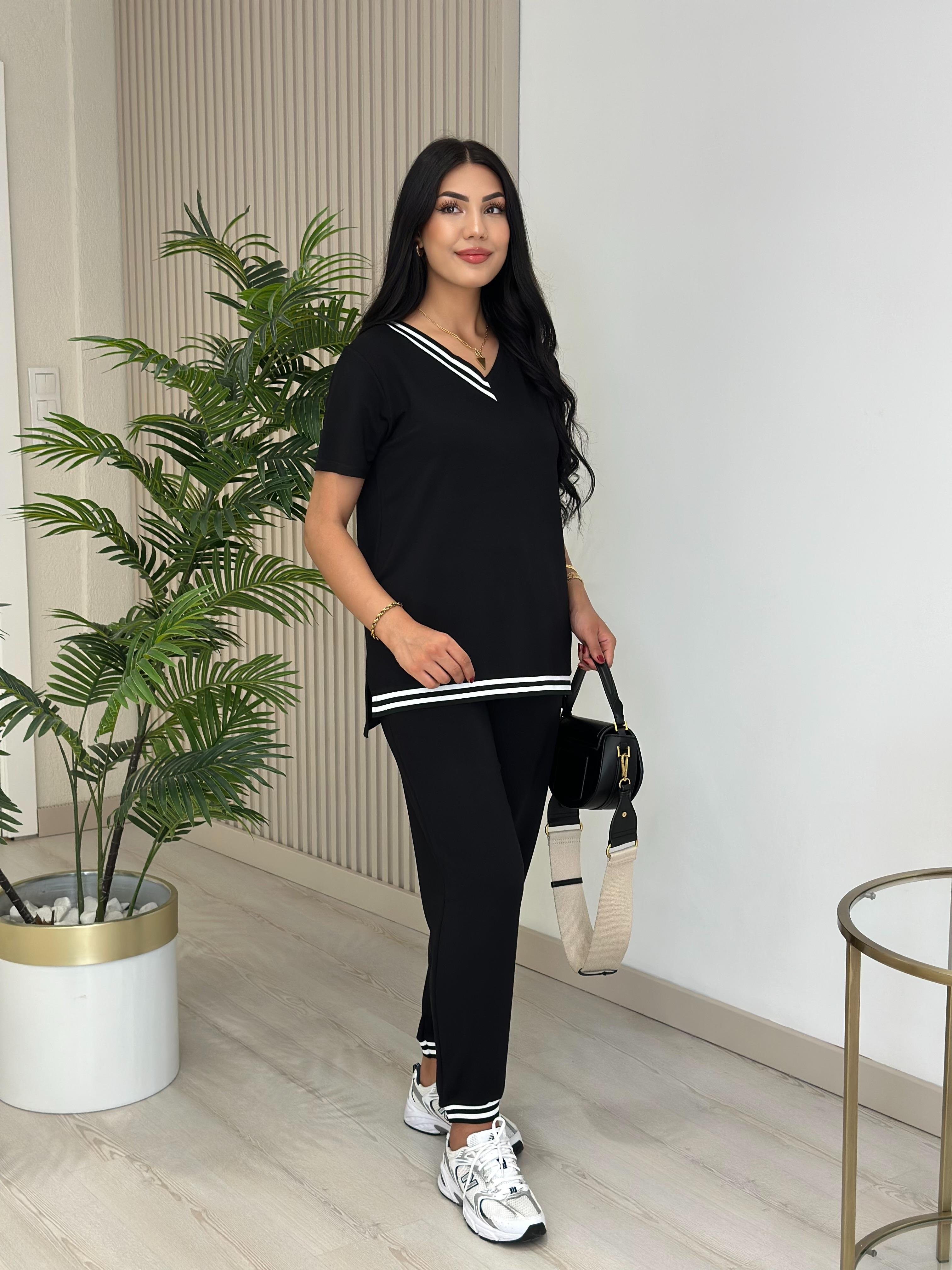 Çizgili Biyeli Modal Kumaş Takım Siyah