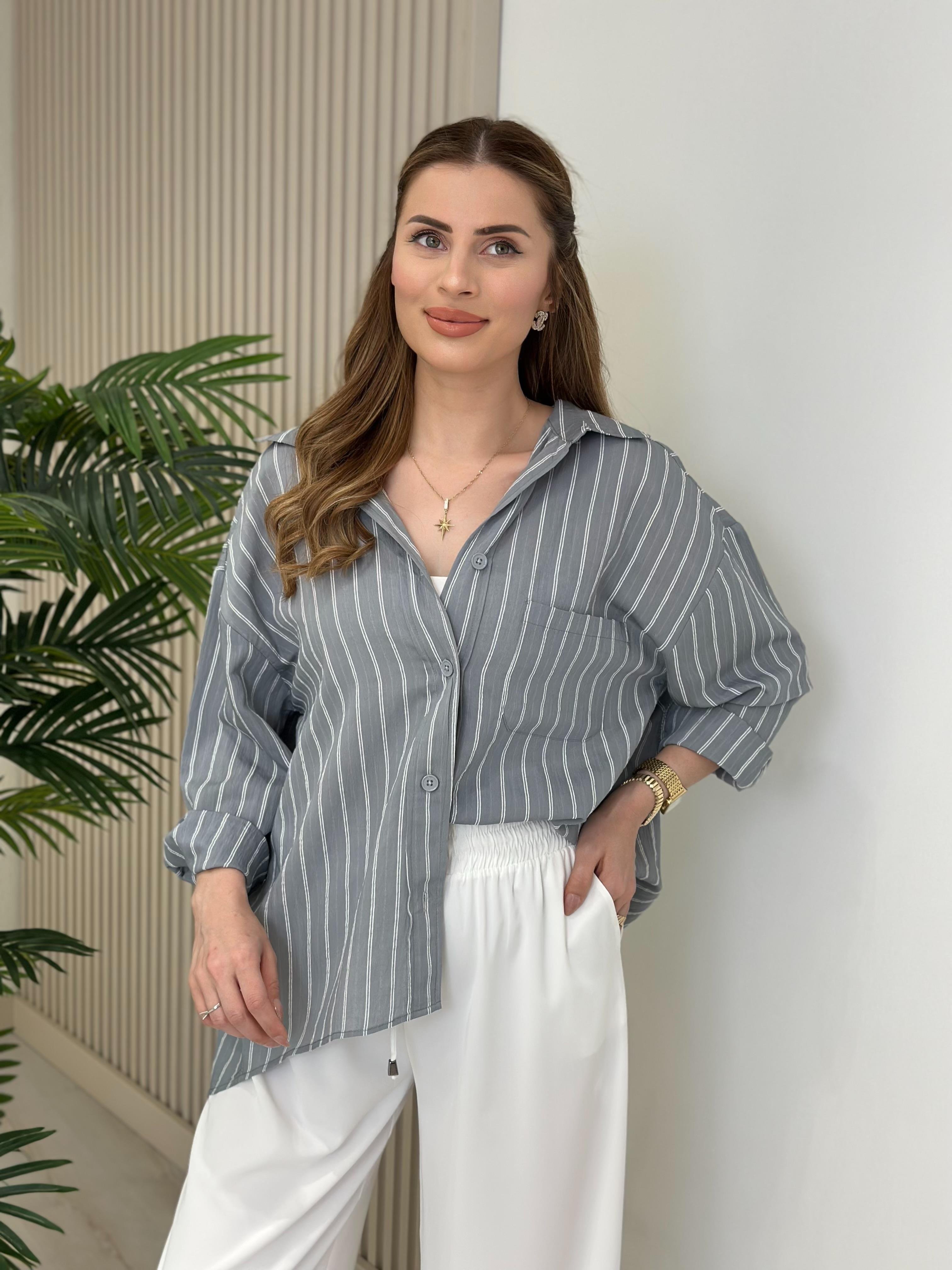 Çizgili Salaş Bambu Gömlek Gri