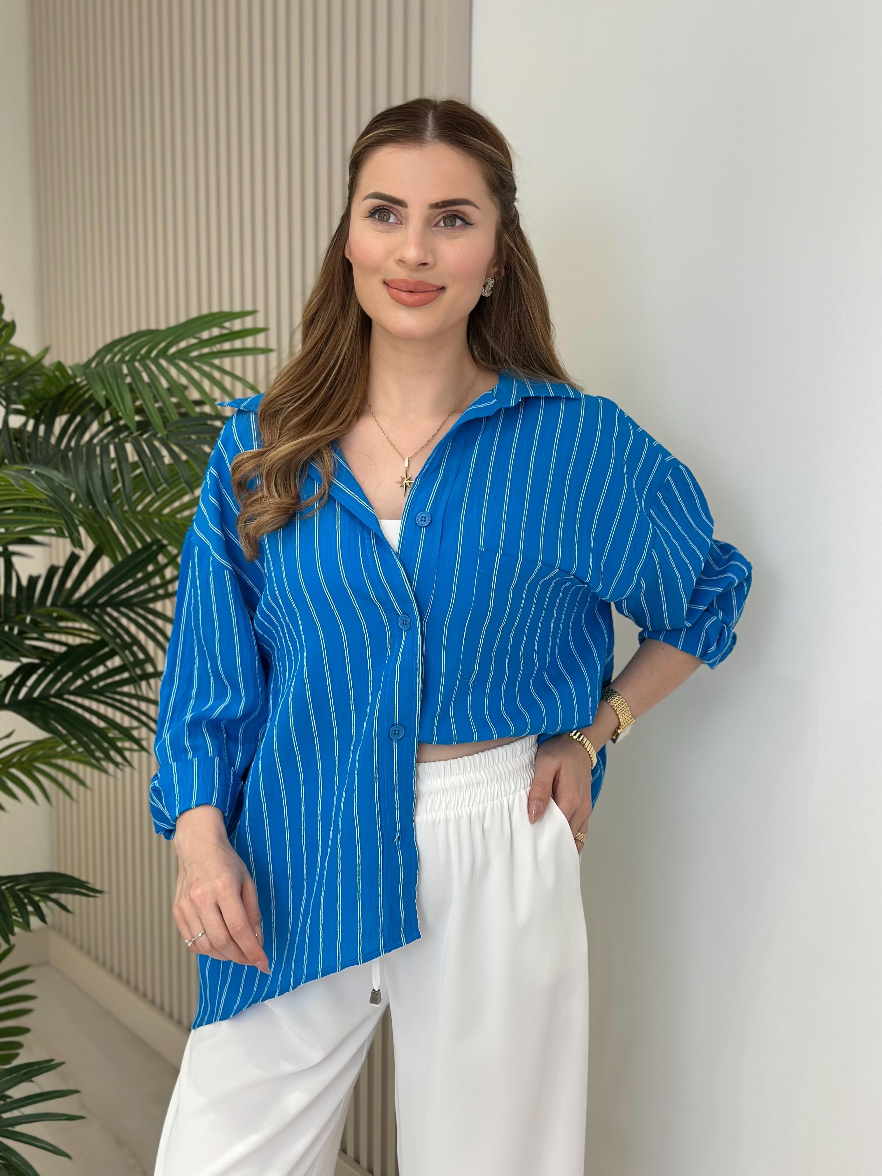 Çizgili Salaş Bambu Gömlek Mavi
