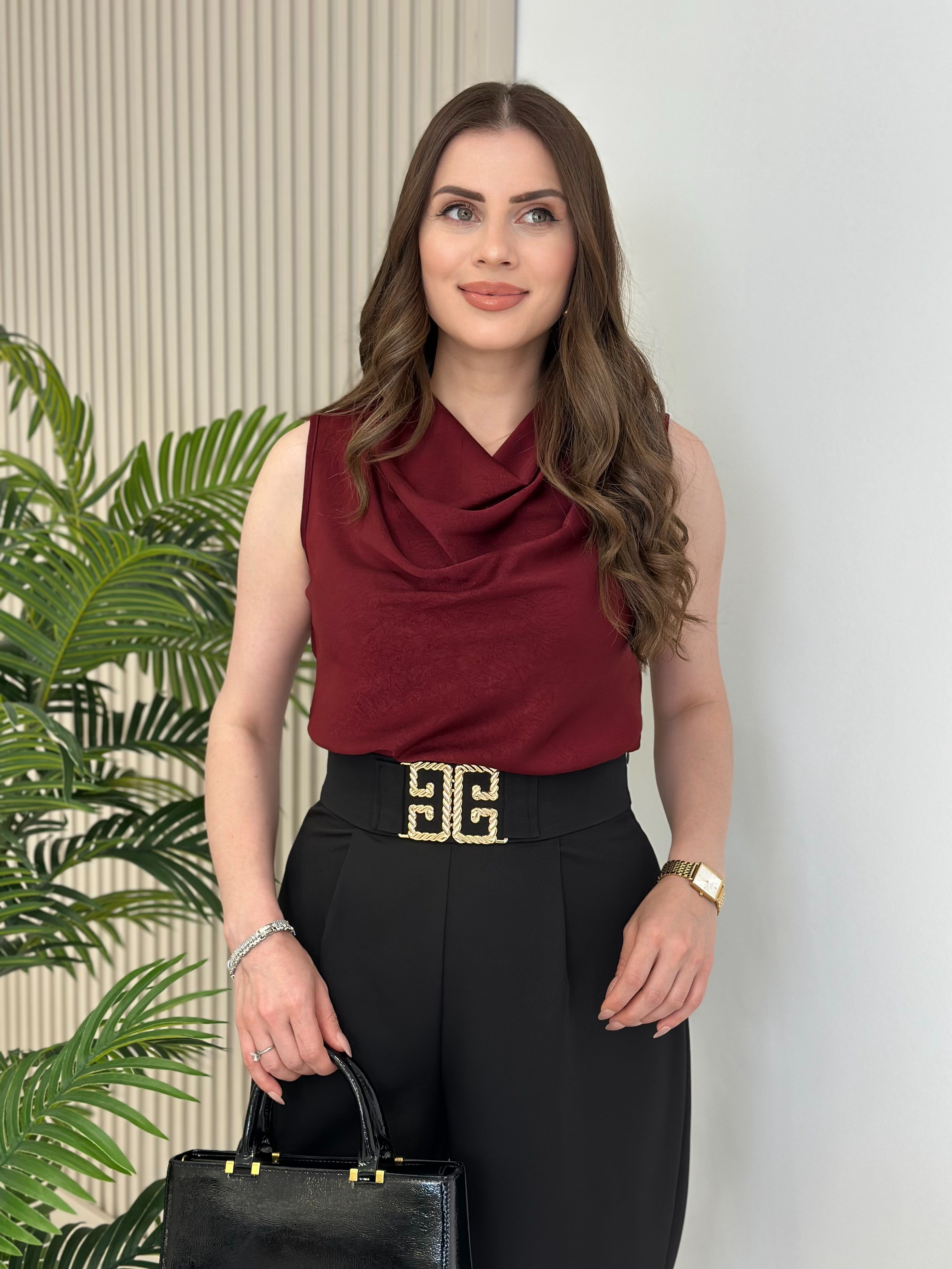 Degaje Yaka Pamuk Saten Premium Kalite Bluz Bordo