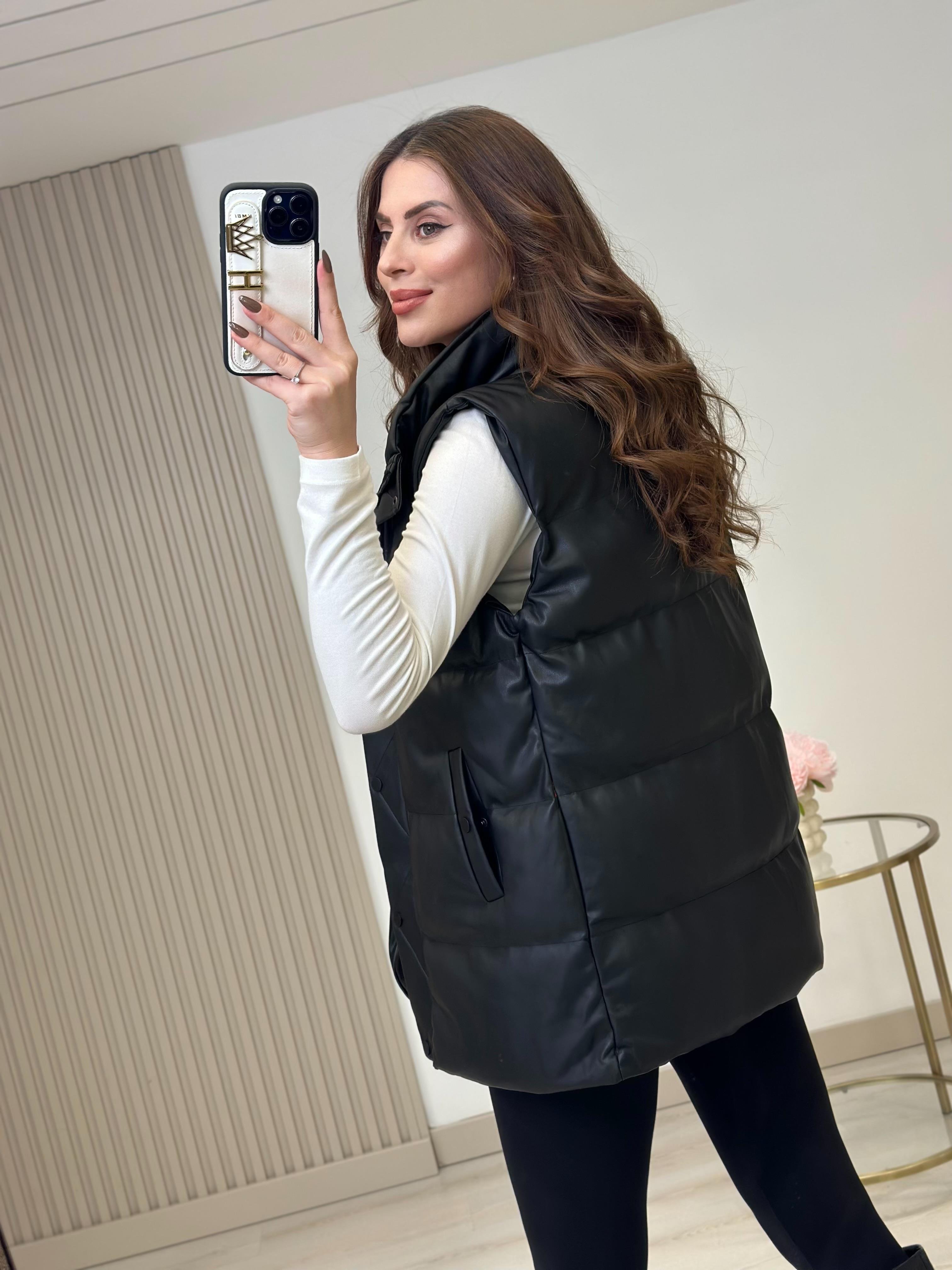 Deri Puffer Şişme Yelek Siyah