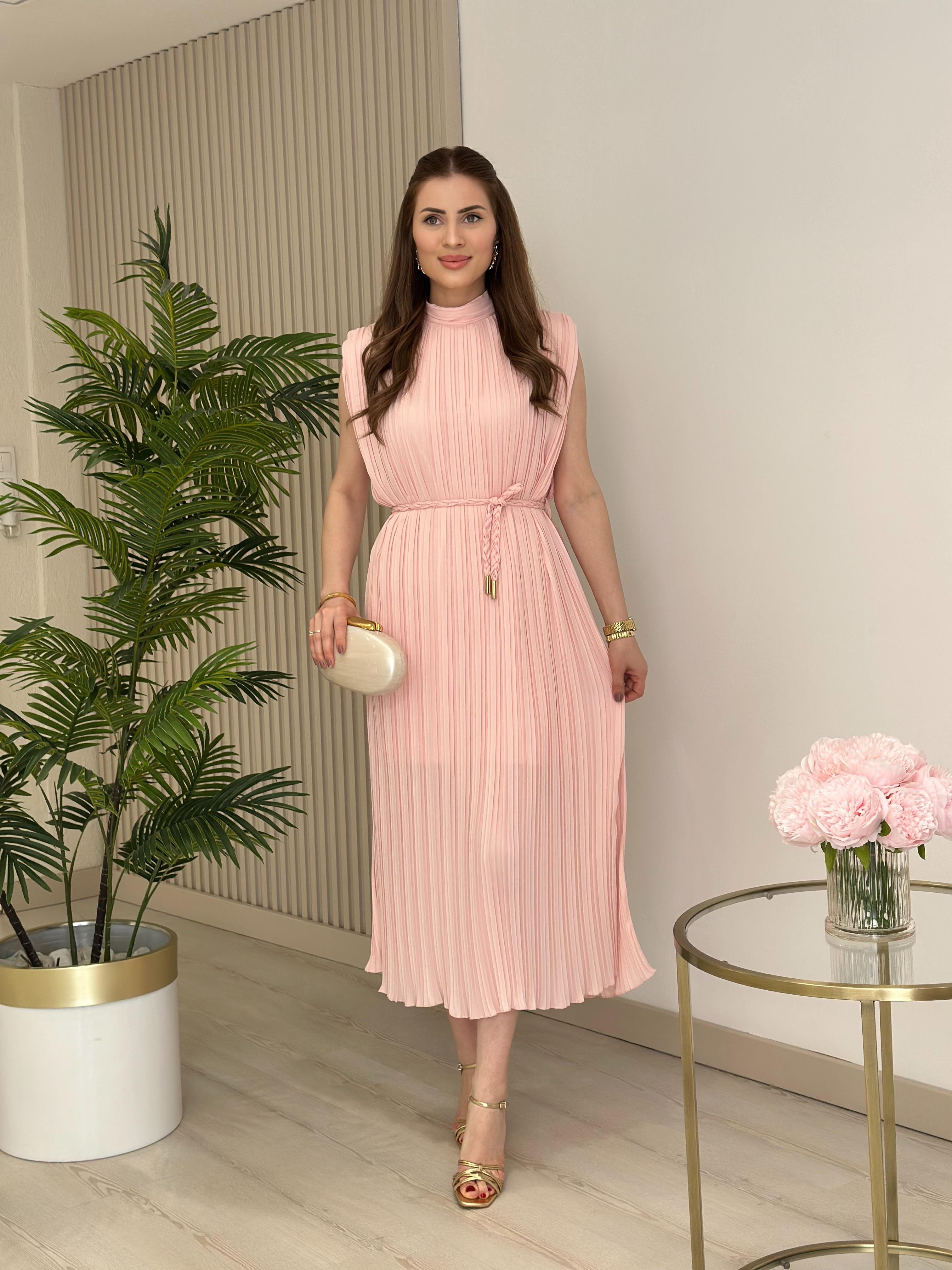 Dik Yaka Piliseli Elbise Pudra