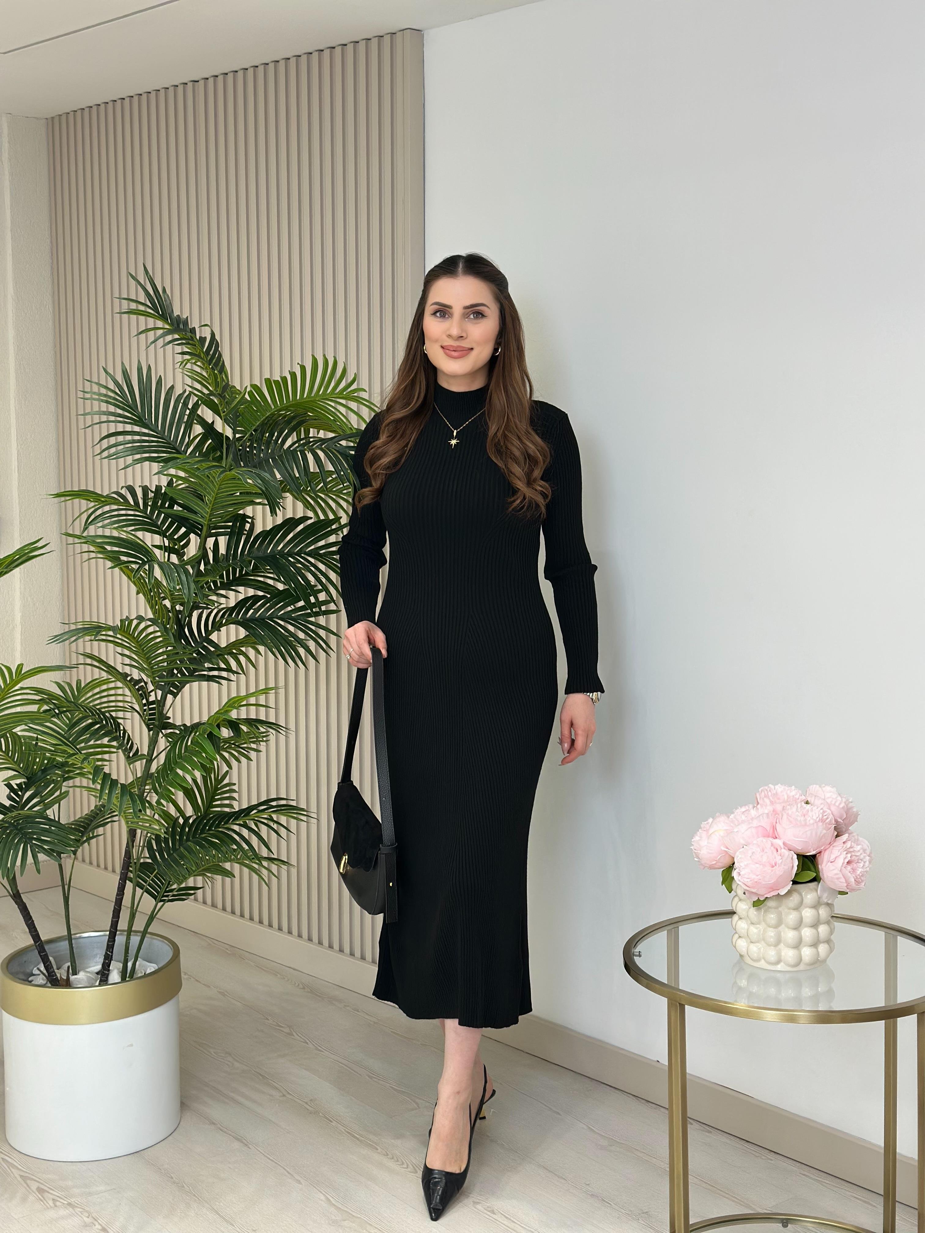 Dik Yakalı Triko Elbise Siyah