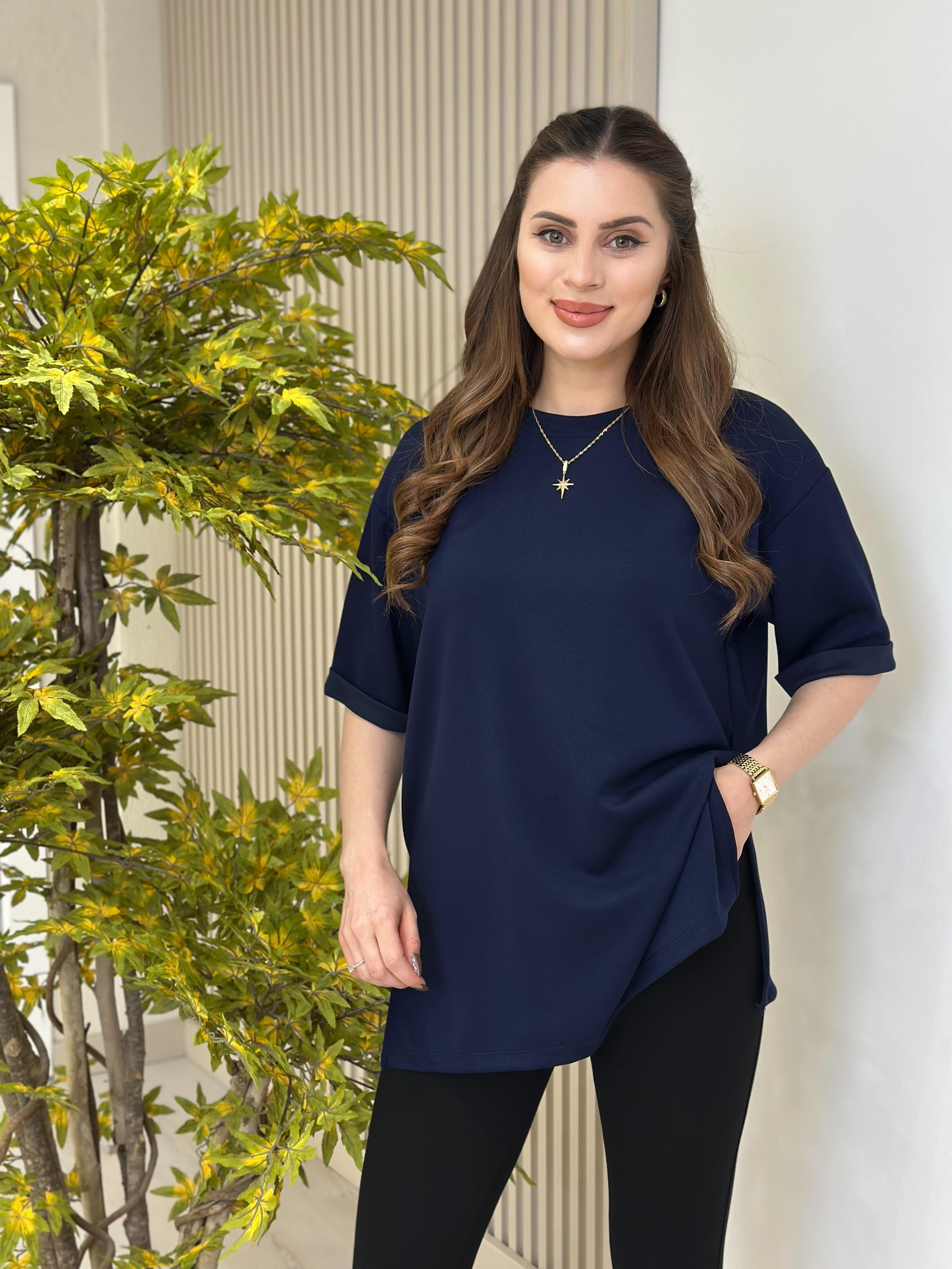 Double Kol Yanları Yırtmaçlı Tok Dokulu Modal Kumaş Tshirt Lacivert