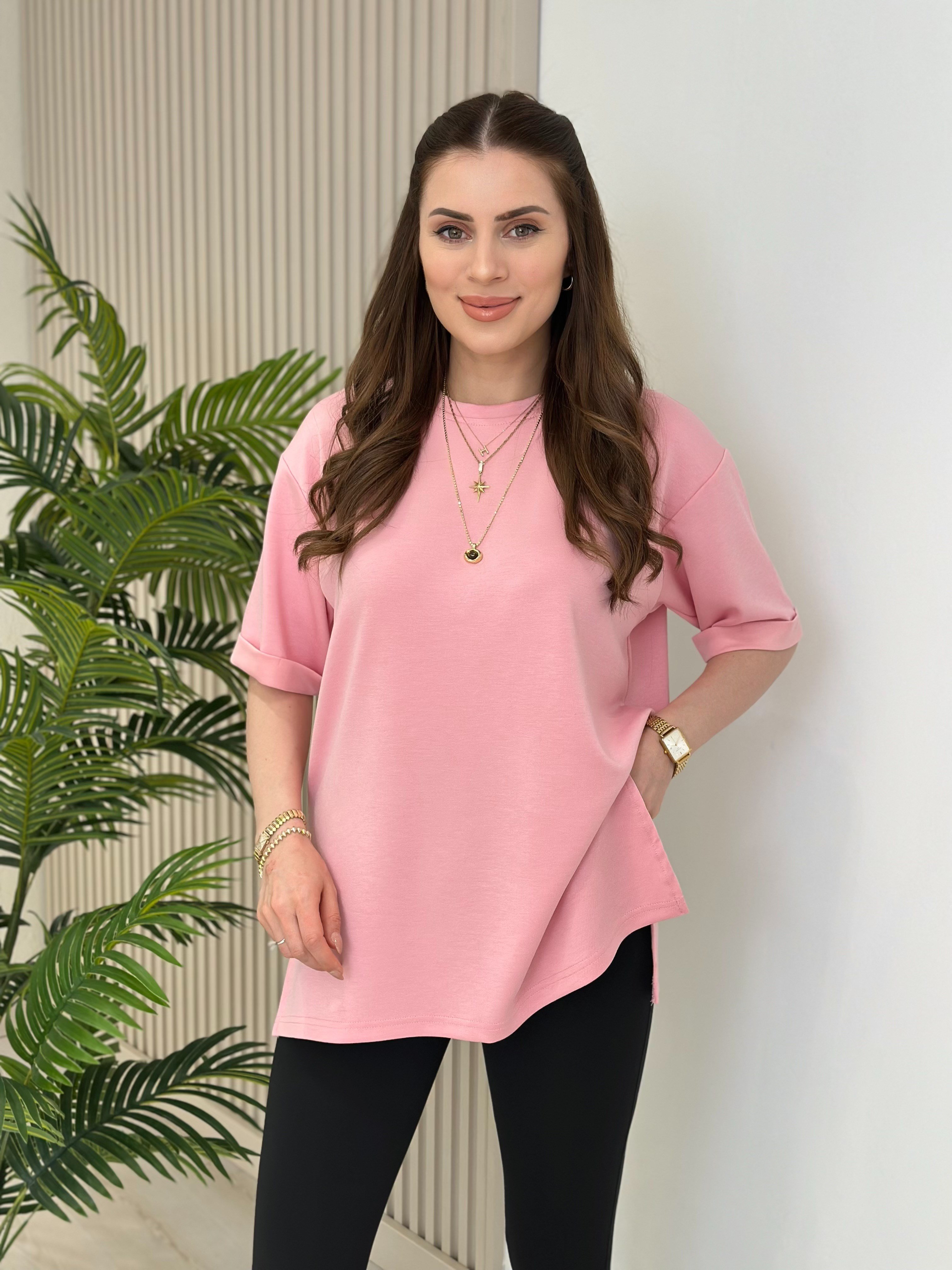 Double Kol Yanları Yırtmaçlı Tok Dokulu Modal Kumaş Tshirt Pembe