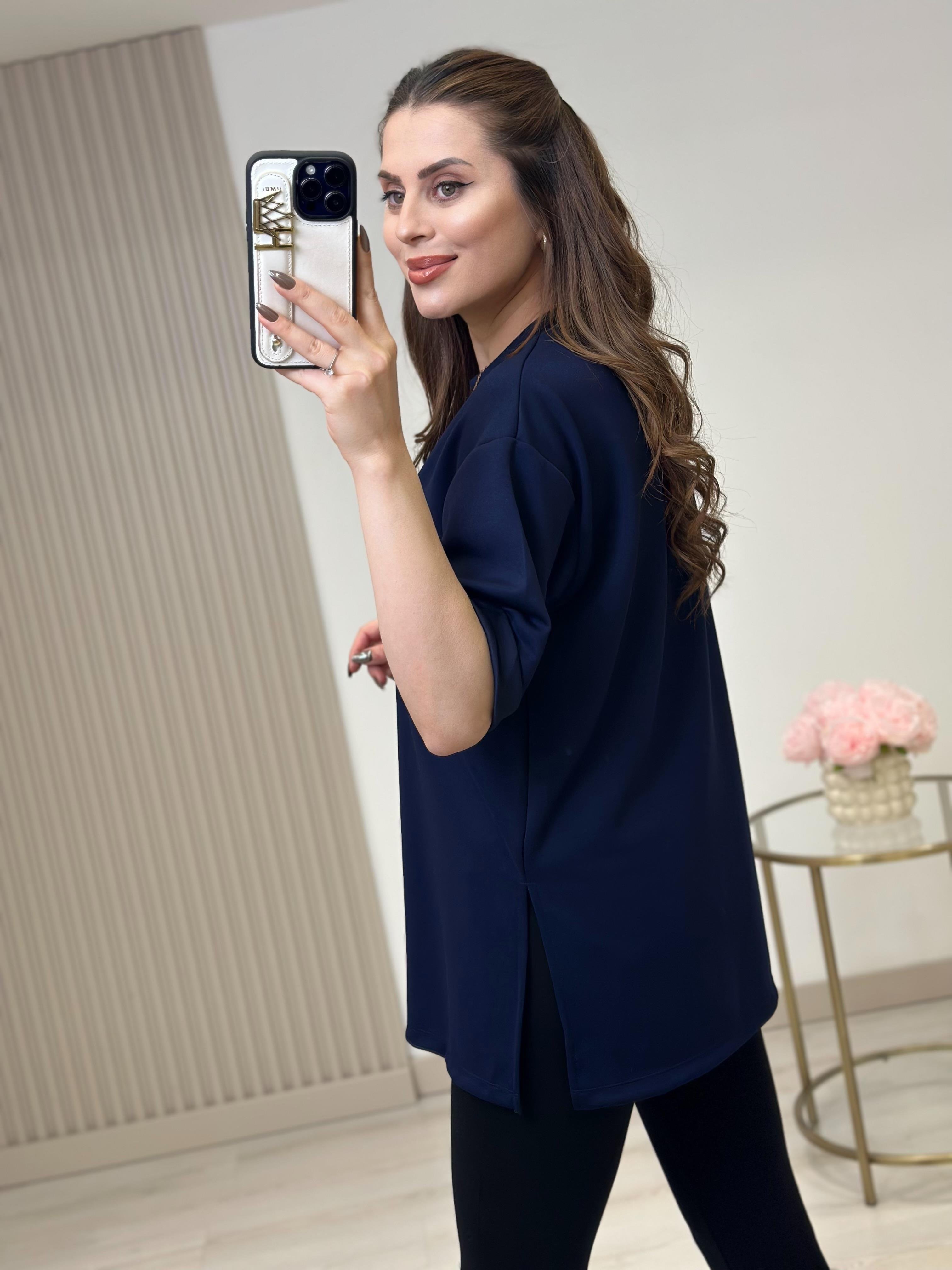 Double Kol Yanları Yırtmaçlı Tok Dokulu Modal Kumaş Tshirt Lacivert