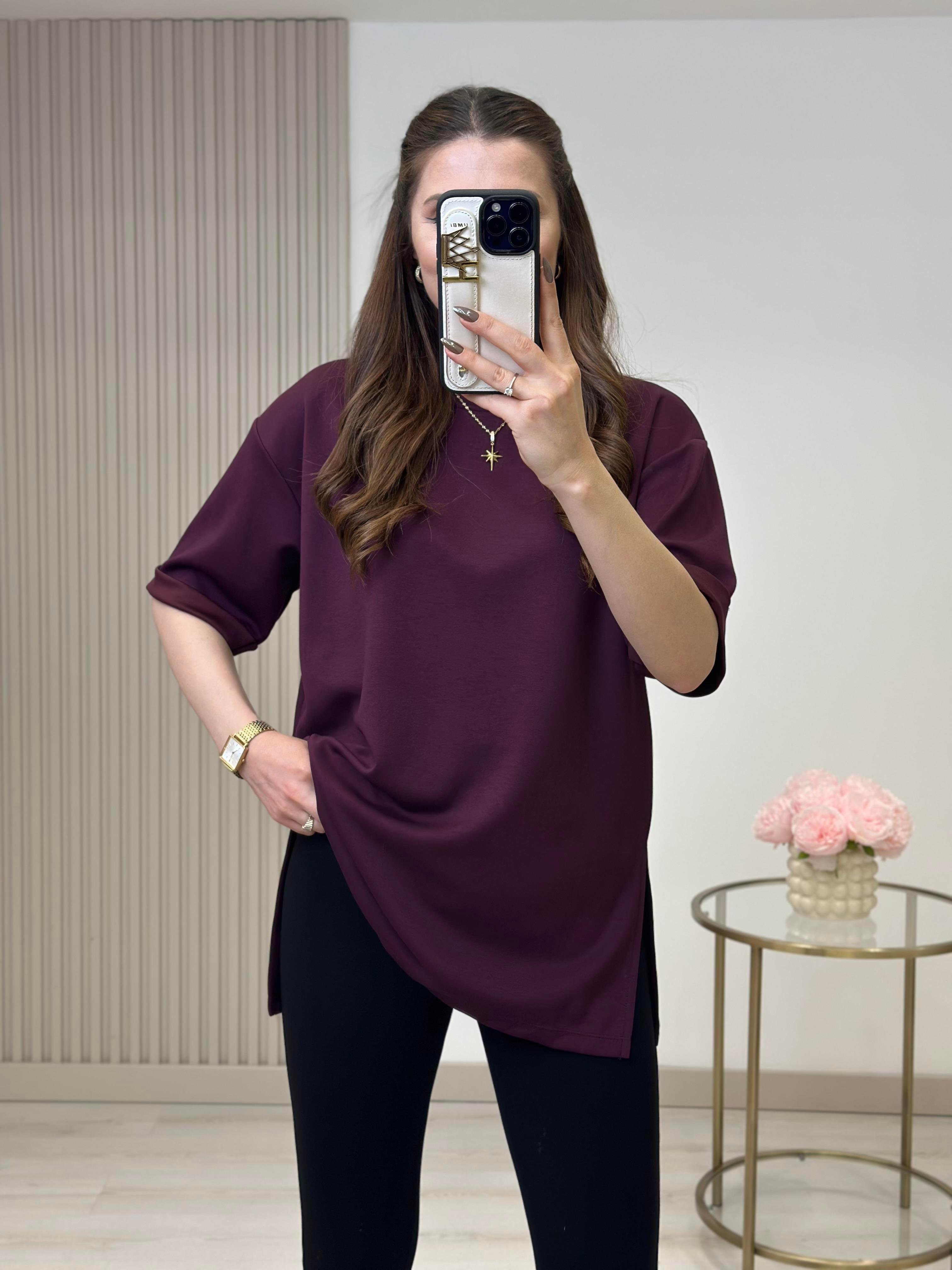 Double Kol Yanları Yırtmaçlı Tok Dokulu Modal Kumaş Tshirt Mürdüm