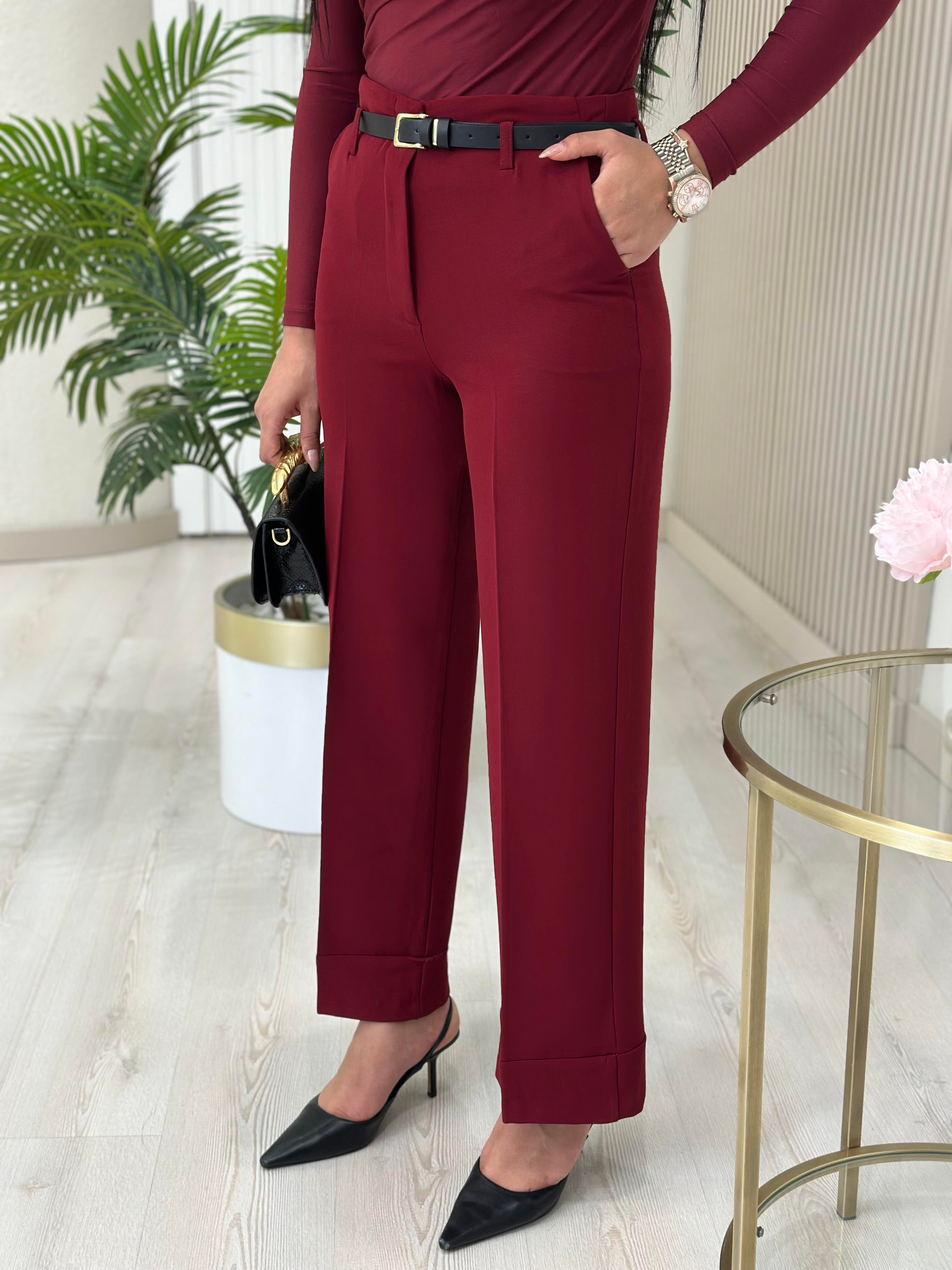Double Paça Kemerli Kumaş Pantolon Bordo