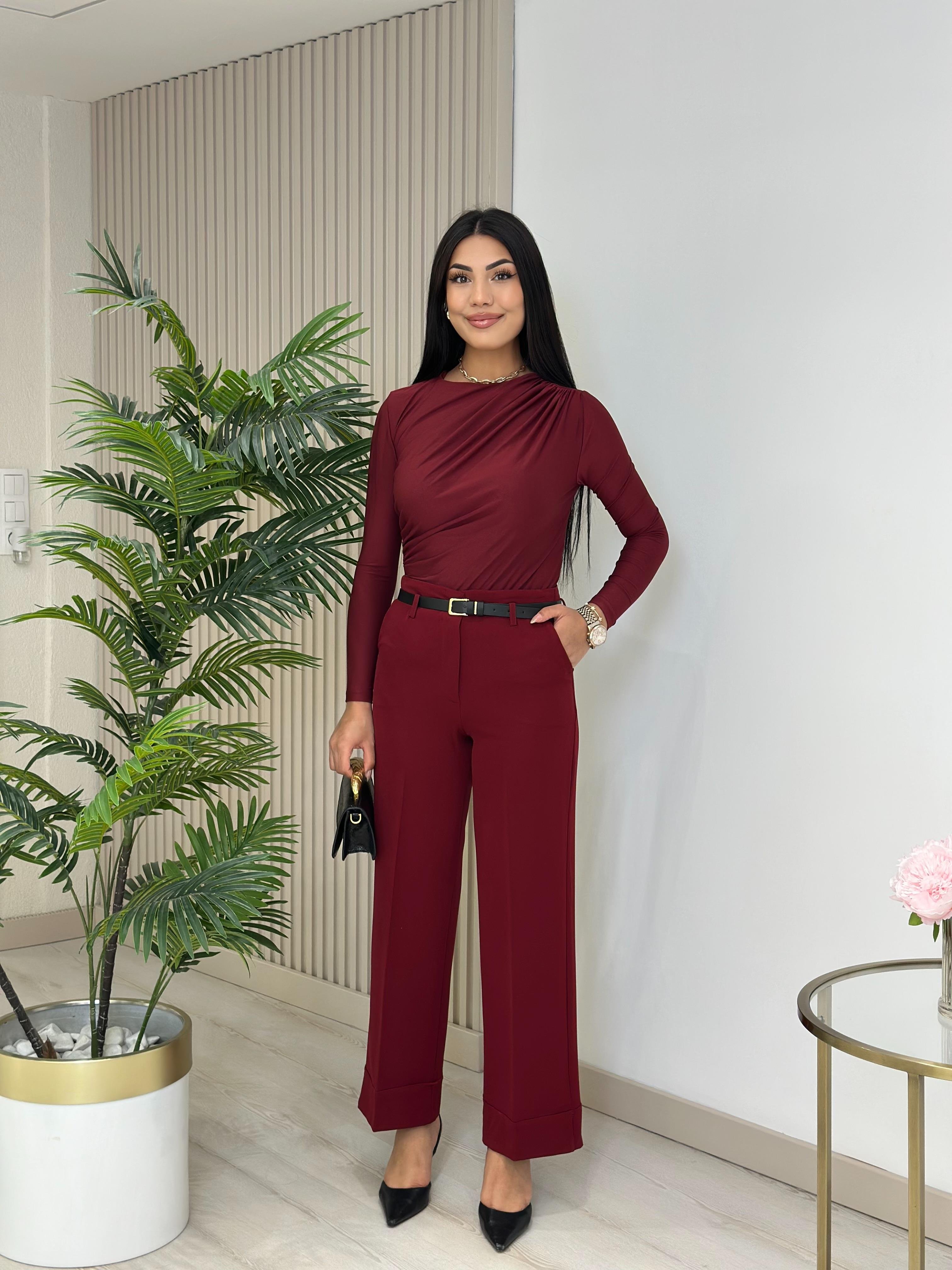 Double Paça Kemerli Kumaş Pantolon Bordo